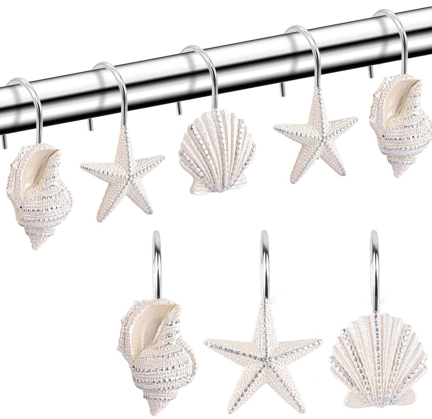 Seashell Shower Curtain Hooks, 12PCS Anti Rust Decorative Resin Hooks for Bathroom