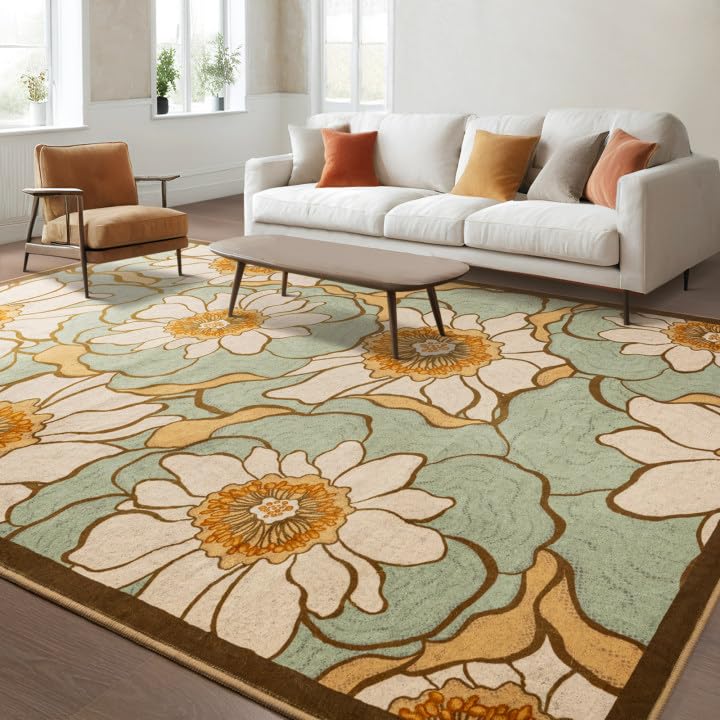Faux Wool Boho Floral Area Rug Abstract Print Soft Carpet, TPR Non-Slip Backing, Machine Washable Low Pile Rug