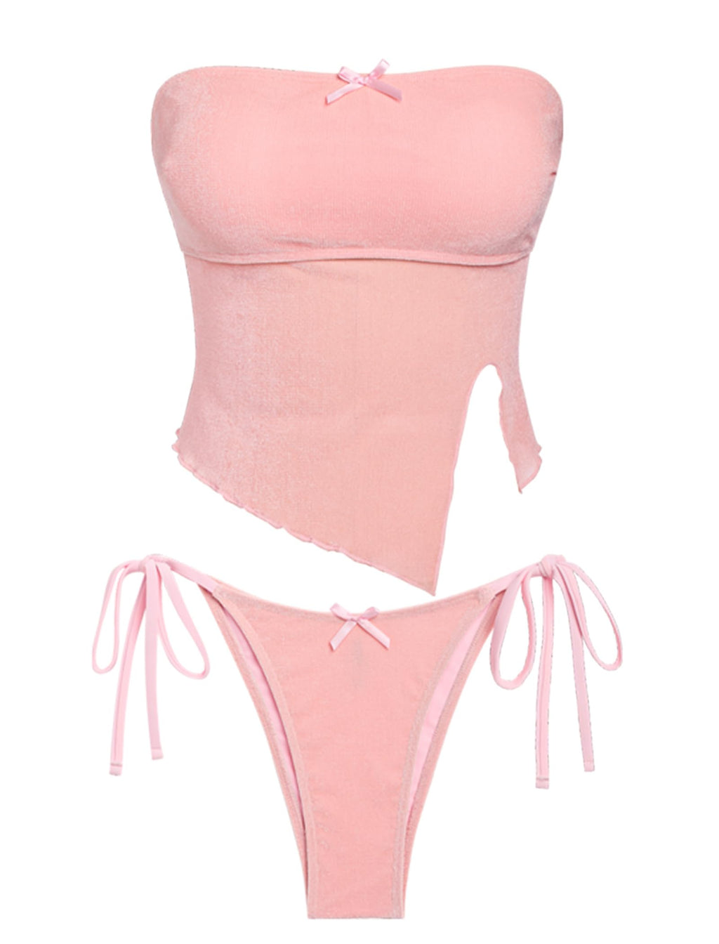 Women's Bandeau Tankini Swimsuit Asymmetrical Slit Bowknot String High Cut Fairyland Cheeky Bathing Suit