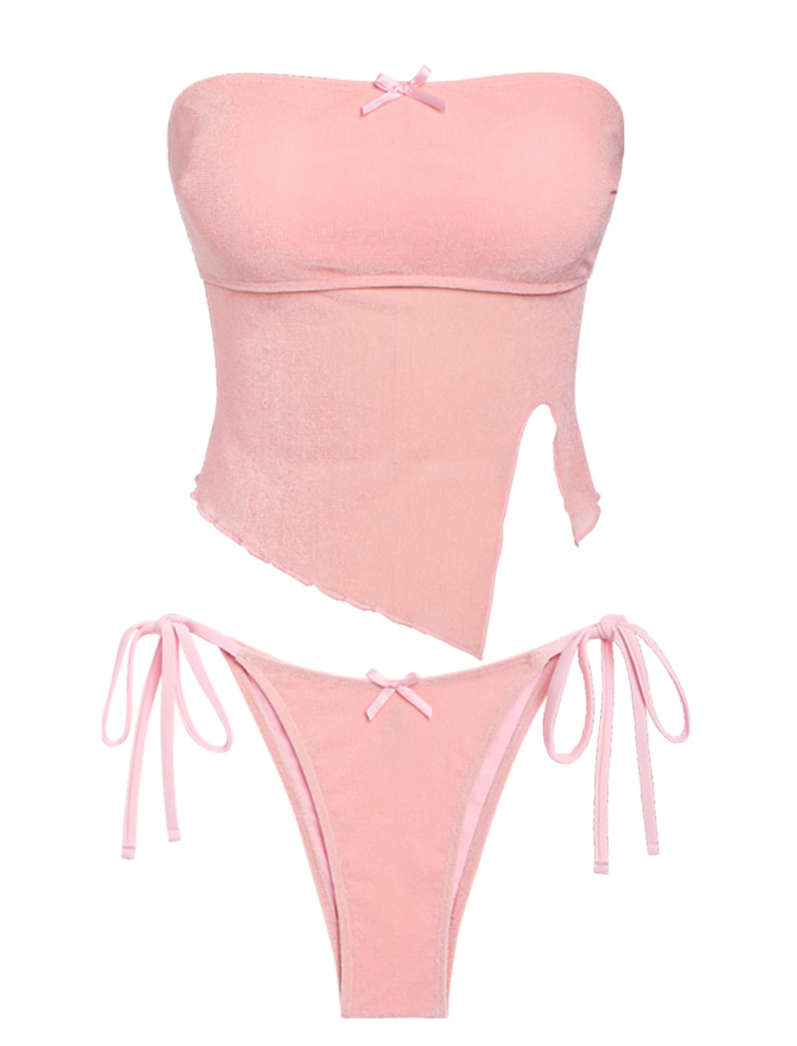 Women's Bandeau Tankini Swimsuit Asymmetrical Slit Bowknot String High Cut Fairyland Cheeky Bathing Suit