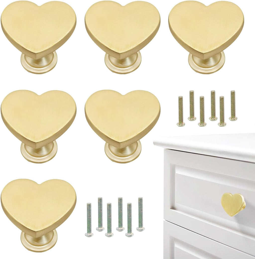 Brass 6 Pcs Drawer Knobs Drawer Pulls Handles Heart-Shaped Gold Cabinet knobs, Suitable for Bathroom Drawer Kitchen Door Pulls Handles Heart-Shaped Handles