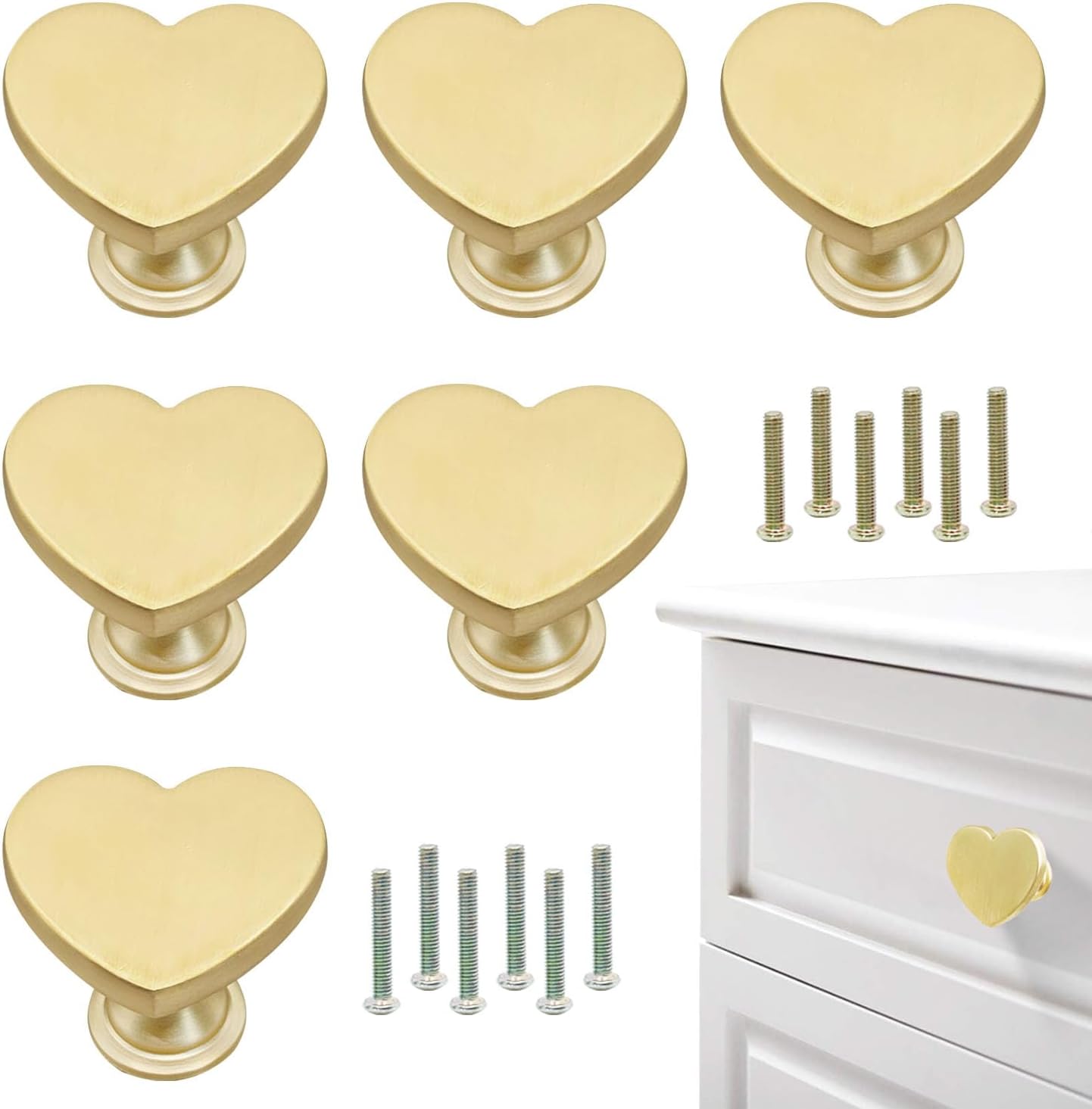 Brass 6 Pcs Drawer Knobs Drawer Pulls Handles Heart-Shaped Gold Cabinet knobs, Suitable for Bathroom Drawer Kitchen Door Pulls Handles Heart-Shaped Handles