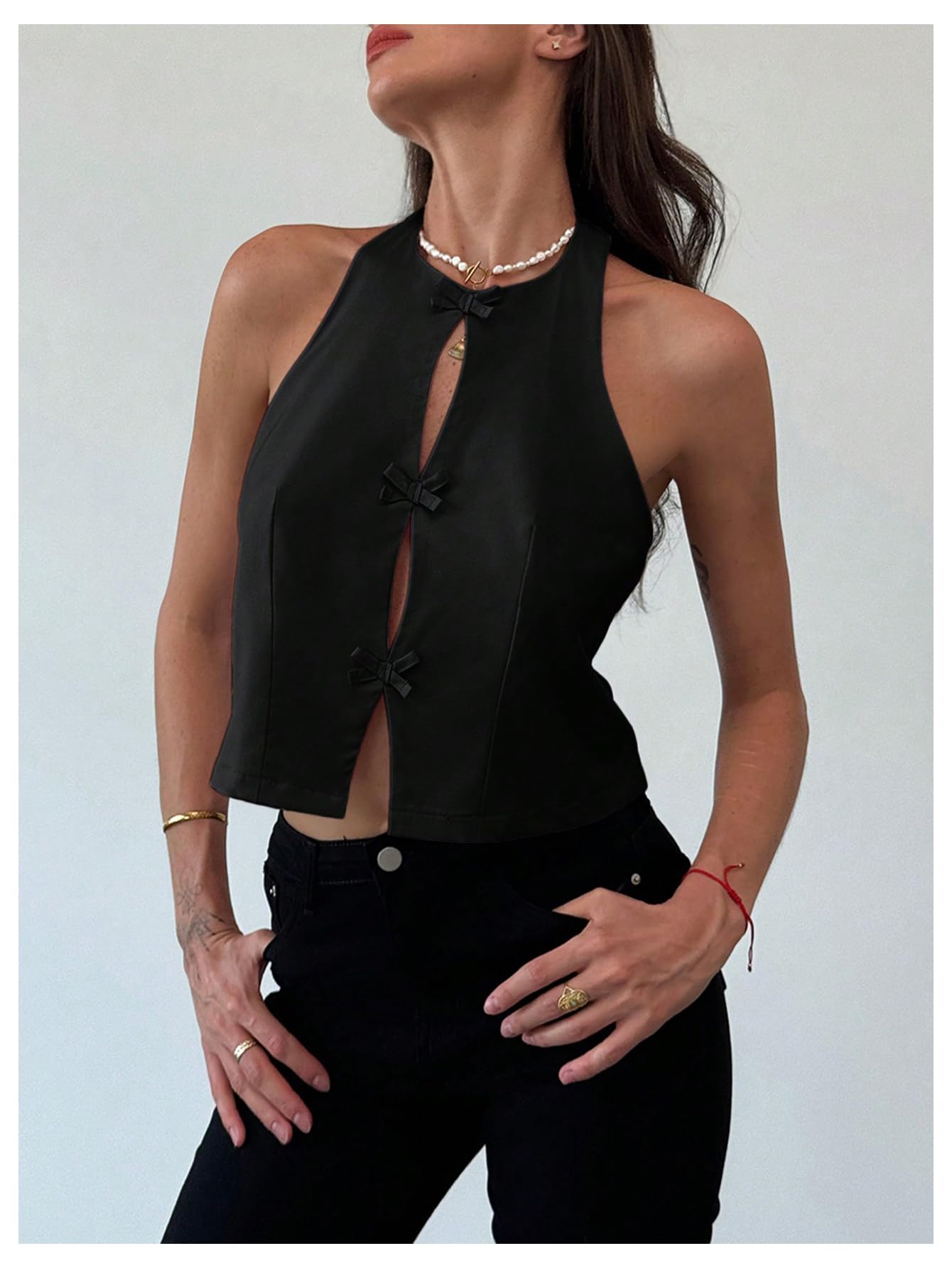 Women's Bow Knot Backless Halter Top Y2k Cut Out Split Hem Sleeveless Tops