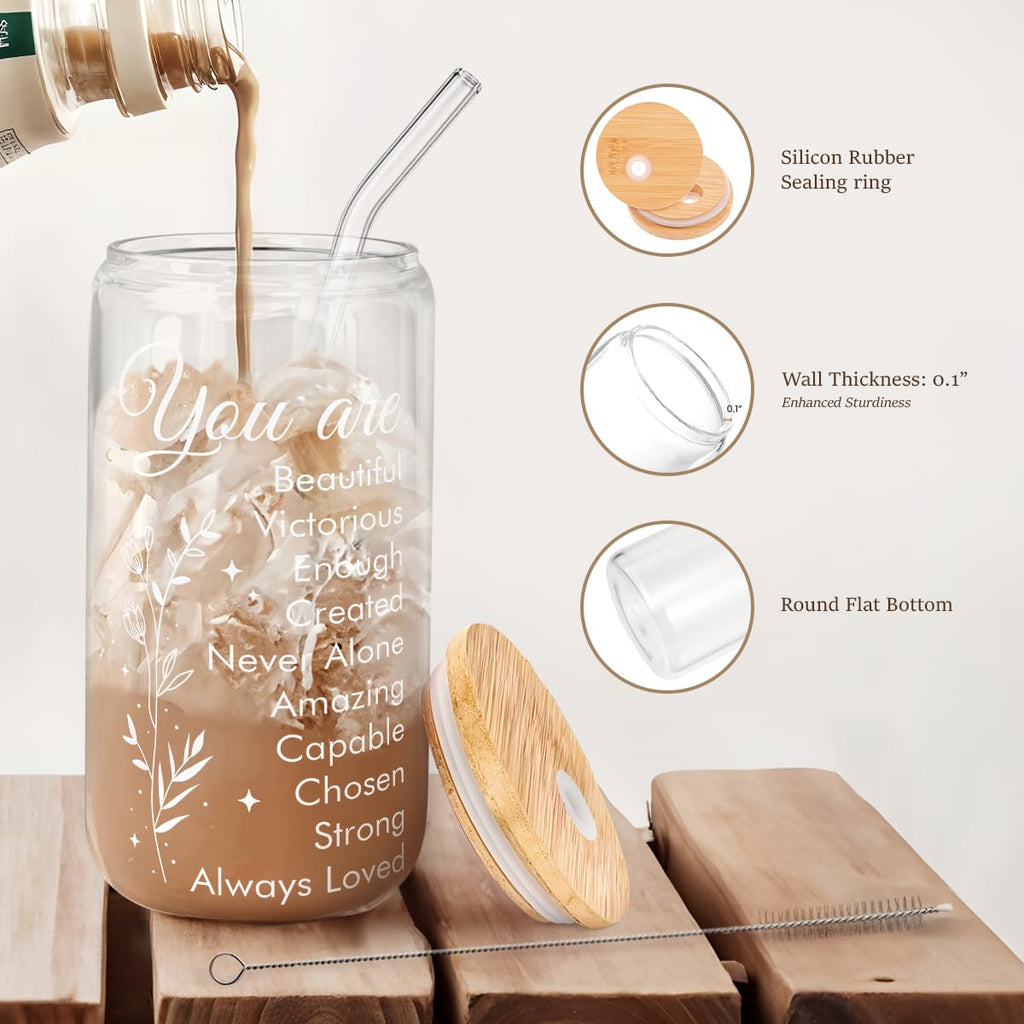 Glass Cup with Lid & Straw, Iced Coffee Aesthetic Glass Can, 16oz