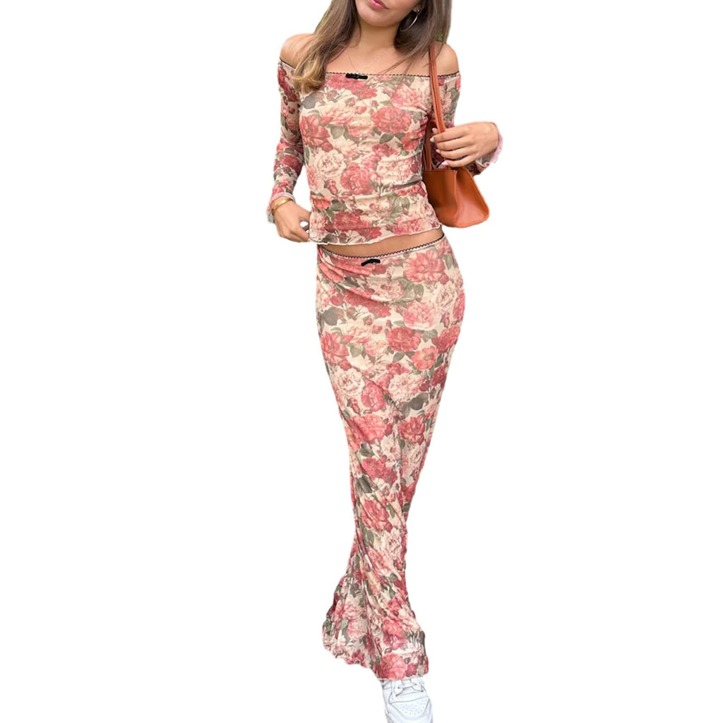 Women Y2K 2 Piece Long Skirt Set V Neck Halter Crop Top Off Shoulder Slim Fit Tube Top Split Maxi Skirts Outfit