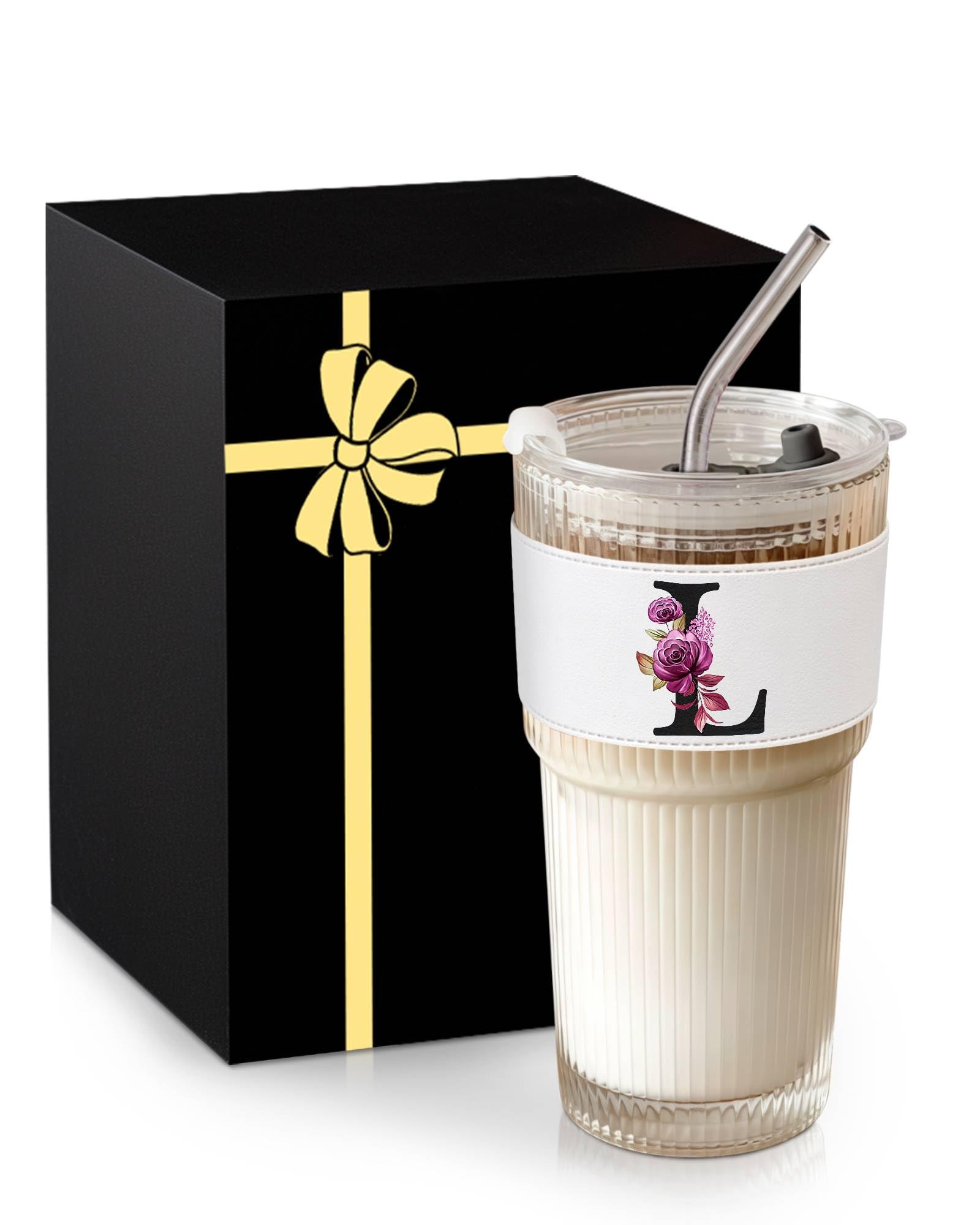 Initial Glass Cup with Lid Straw Ribbed Ice Tea Clear Tumbler Her Sister Coffee Matcha Latte Girlfriend Gf Aunt Best Friend Friendship Bestie Wife Cute Asthetic Unique Birthday Personalized Gift K