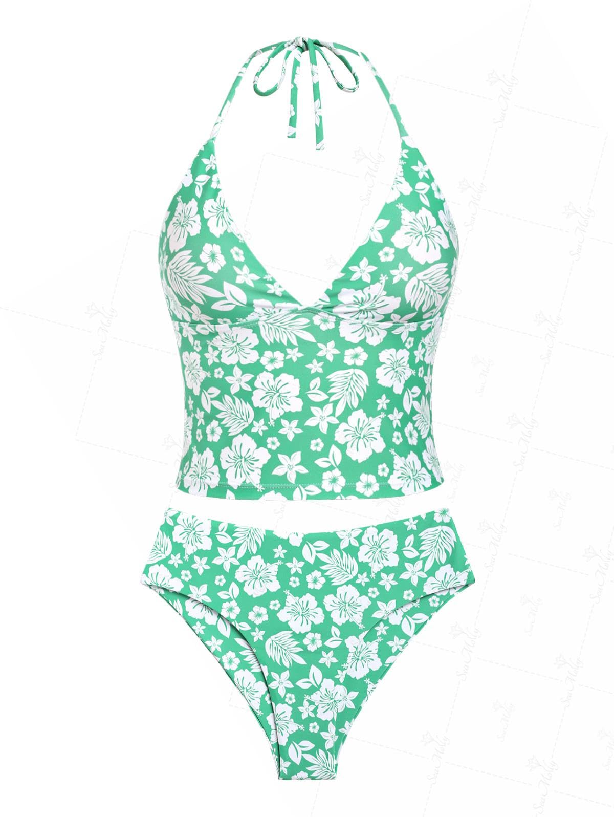Floral Halter Tied Cheeky Tankini Set