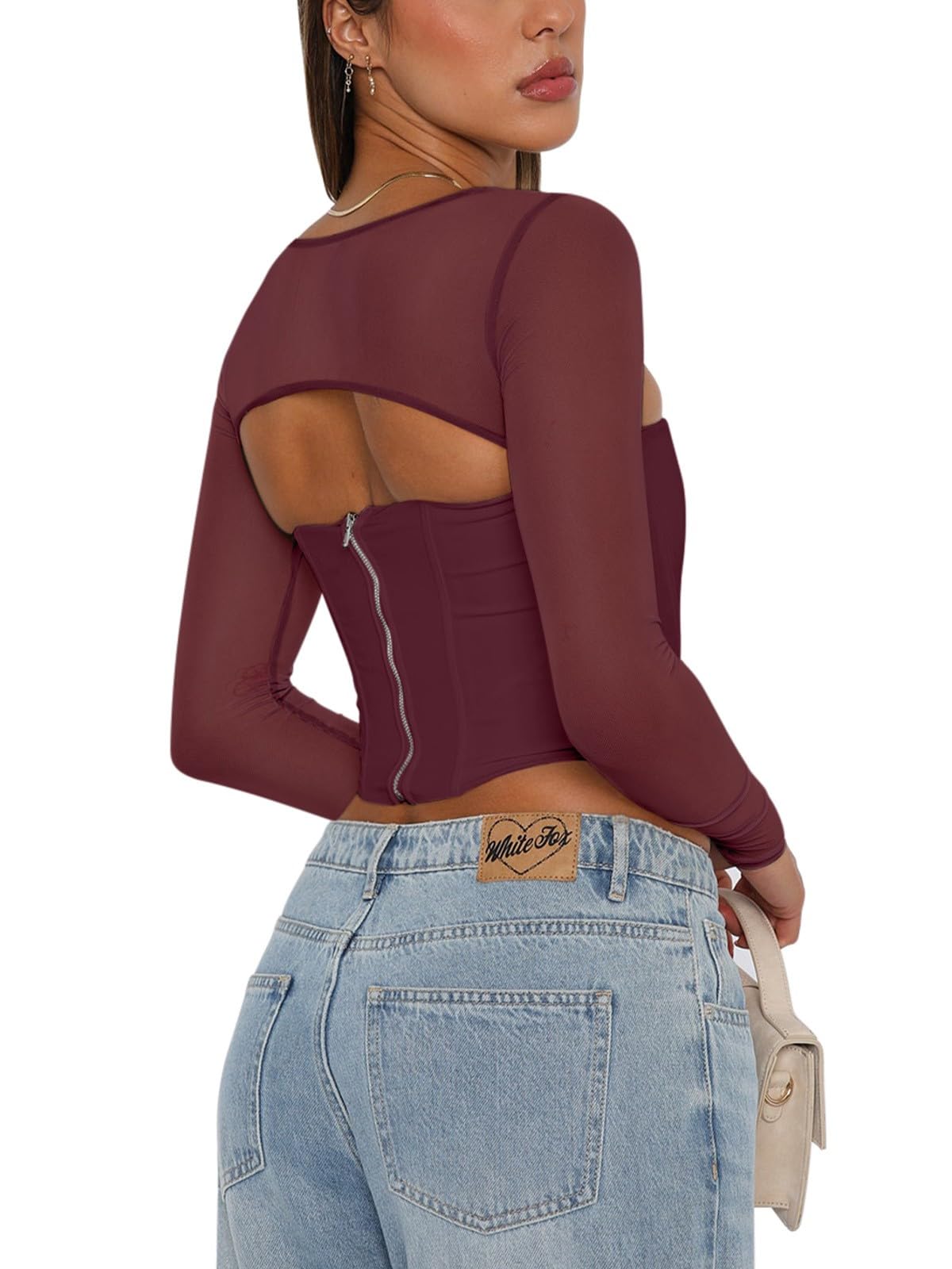 Women's Sexy Sheer Long-Sleeve Corset â€?Y2K Square Neck, Cropped Party Top