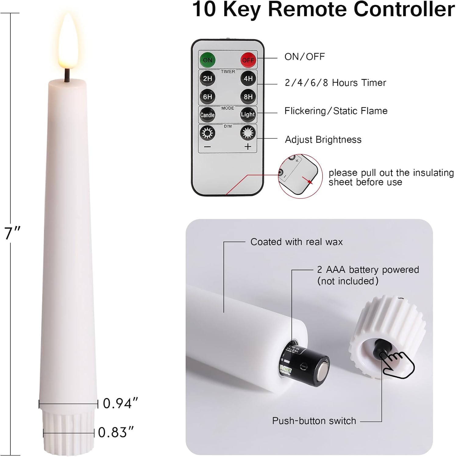 Short Flameless Taper Candles with Remote, Flickering Battery LED Wax Candlesticks Set of 6
