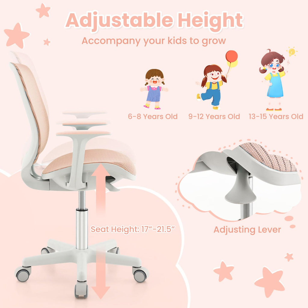 Swivel Mesh Task Chair Height Adjustable Children Study Computer Chair with Armrests, Sit-Brake Casters