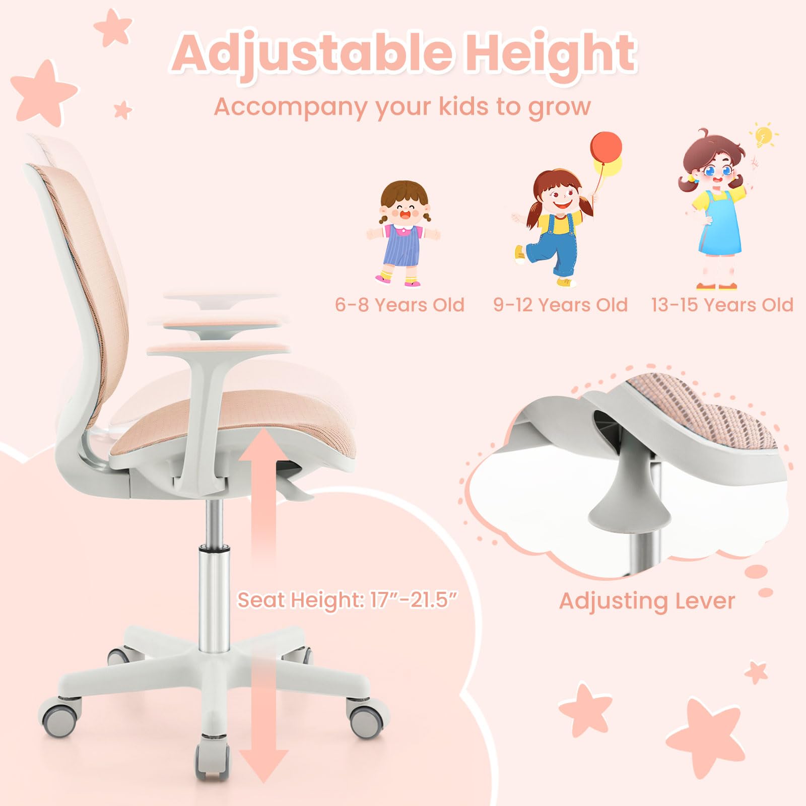 Swivel Mesh Task Chair Height Adjustable Children Study Computer Chair with Armrests, Sit-Brake Casters