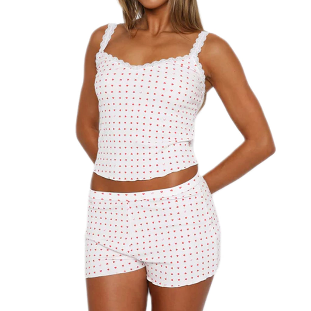 Women Sexy 2 Piece Pajama Set Sleeveless Lace Trim Crop Cami Top and Shorts Pj Set Y2K Sleepwear Lounge Outfits