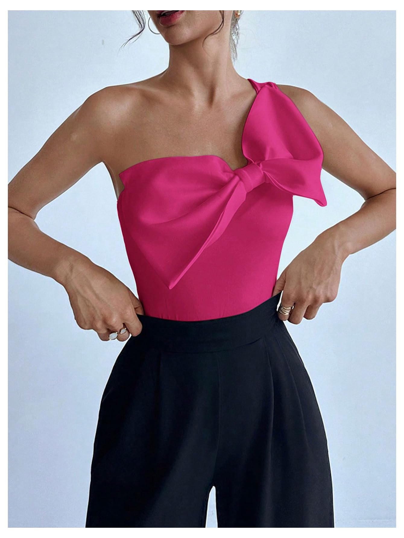 Women's One Shoulder Sleeveless Big Bow Front Elegant Fitted Tank Top Bodysuit