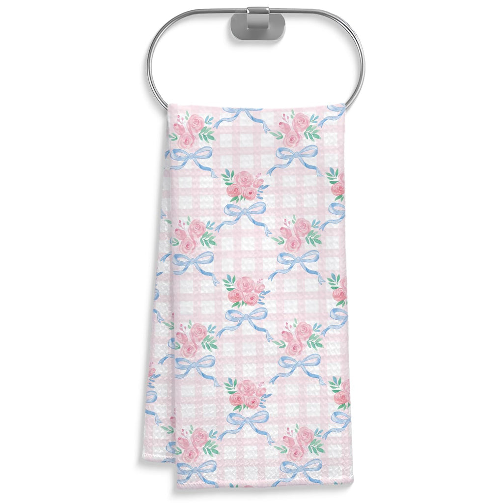 Coquette Bow Floral Kitchen Towel, Grandmillennial Pink Rose Flower Gingham Hand Towel for Bathroom, Pink and White Checkered Dish Tea Towel, 16x24 Inch