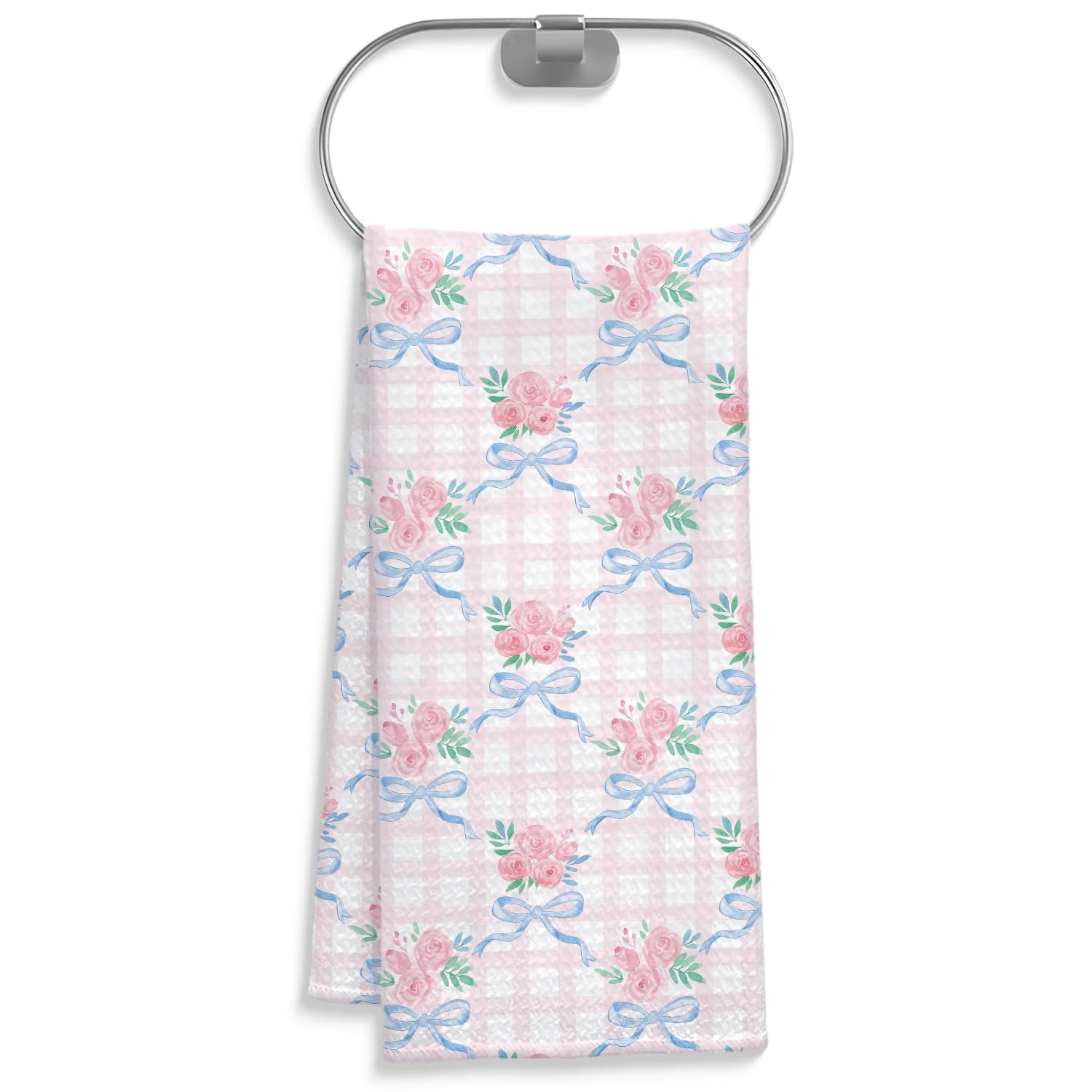 Coquette Bow Floral Kitchen Towel, Grandmillennial Pink Rose Flower Gingham Hand Towel for Bathroom, Pink and White Checkered Dish Tea Towel, 16x24 Inch