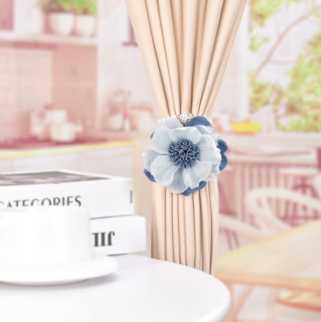 Elegant Pearl Magnetic Curtain Tieback with Handmade Flower Decorative Drapery Holdbacks Rope Holder