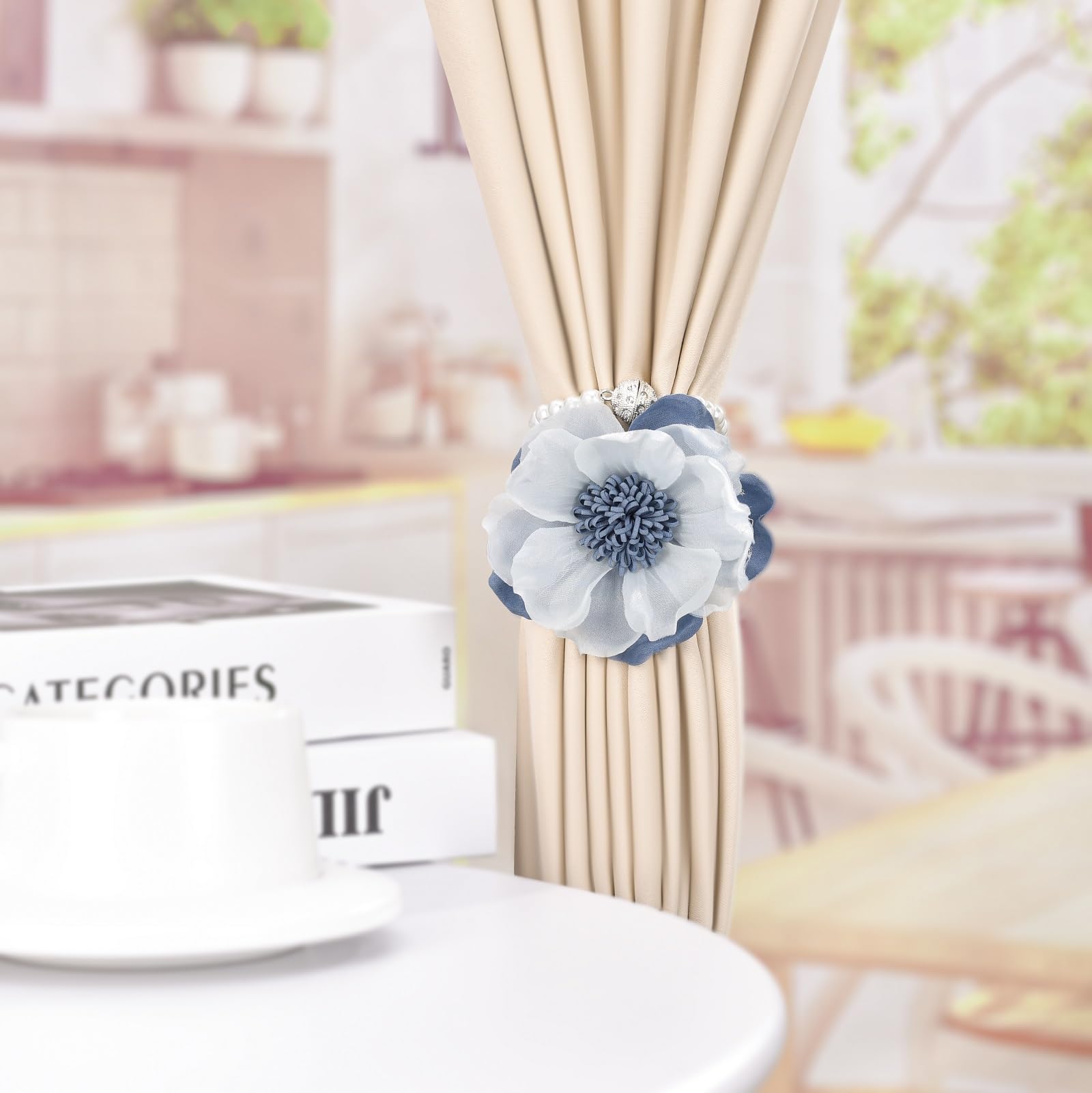 Elegant Pearl Magnetic Curtain Tieback with Handmade Flower Decorative Drapery Holdbacks Rope Holder