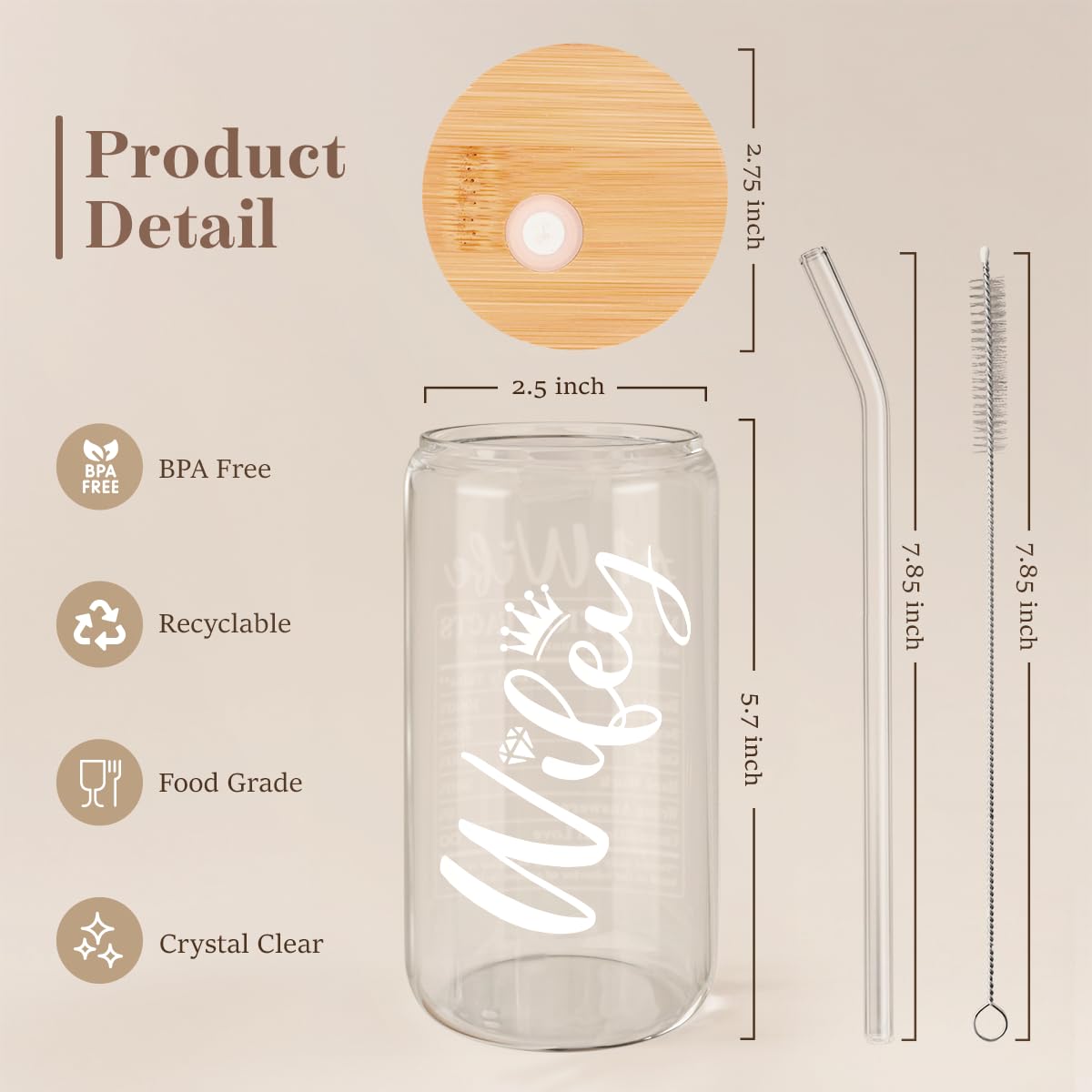 Glass Cup with Lid & Straw, Iced Coffee Aesthetic Glass Can, 16oz
