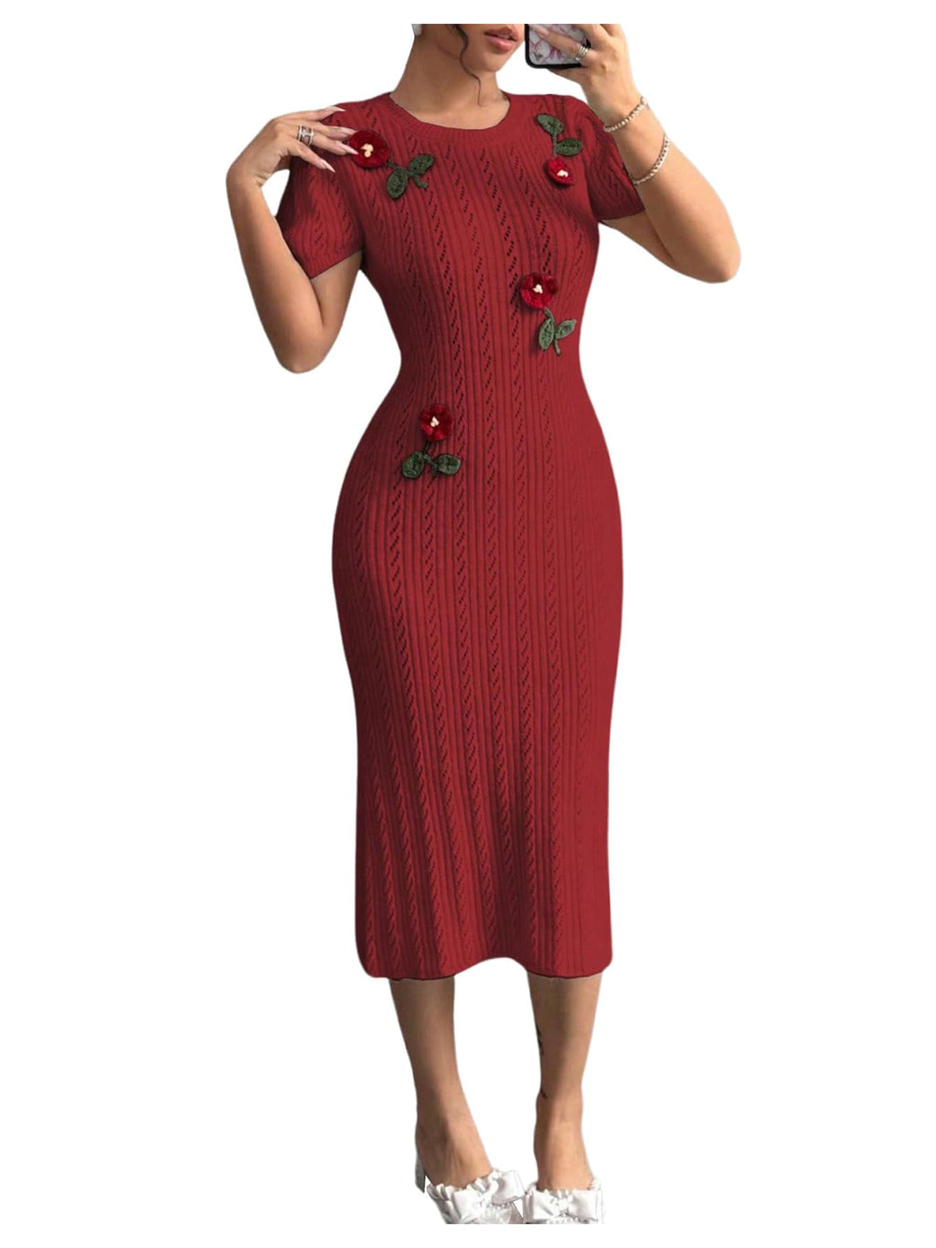 Women's 3D Flower Sweater Dress Crochet Short Sleeve Bodycon Mini Dresses