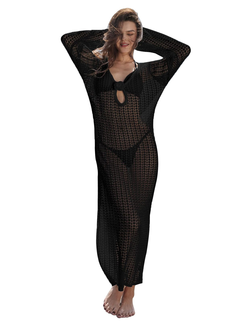 Women's Knitted Swimsuit Cover Up 3D Floral Hollow Out Open Back Tie-Up Maxi Dress Beachwear Coverup Dresses