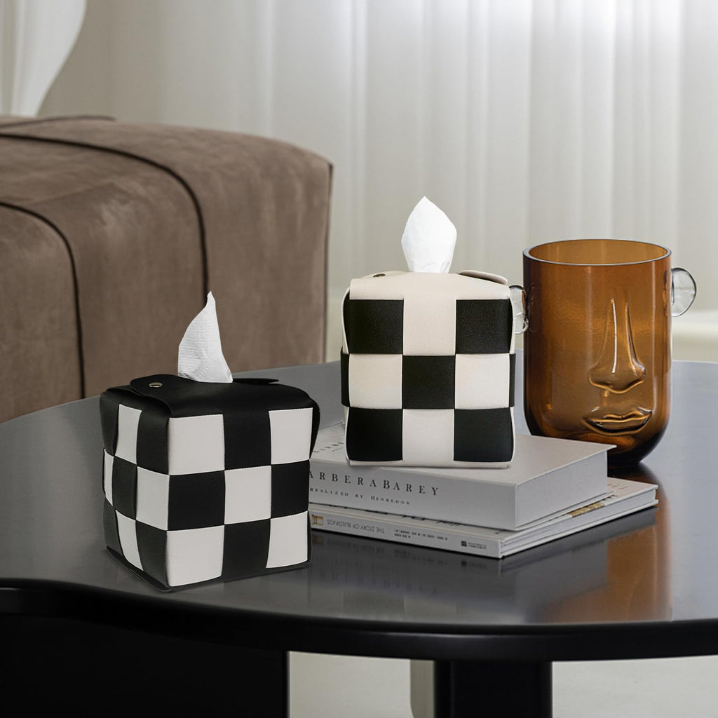 PU Leather Tissue Box Holder with Metal Buckle, Checkered Tissue Box, Decorative Organizer