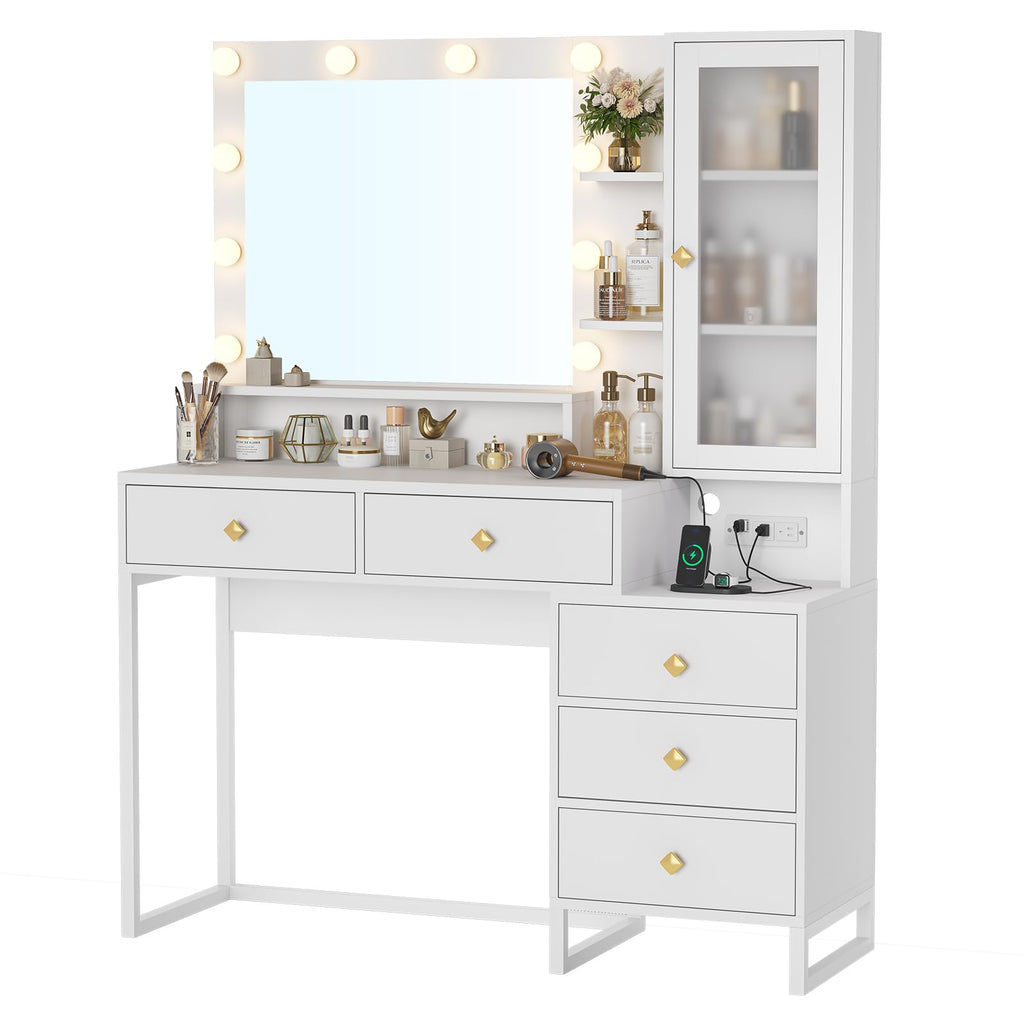 Vanity Desk with Mirror and Lights & Charging Station, White Vanity Table with 5 Storage Drawer & Glass Door & 3 Shelves