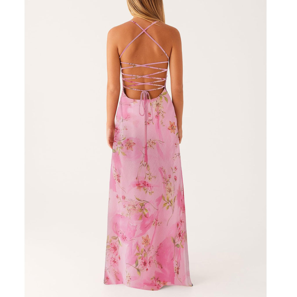 Women Floral Slip Dress Spaghetti Strap Maxi Dress Backless Slim Fit Long Dresses Flowers Print Going Out Dress
