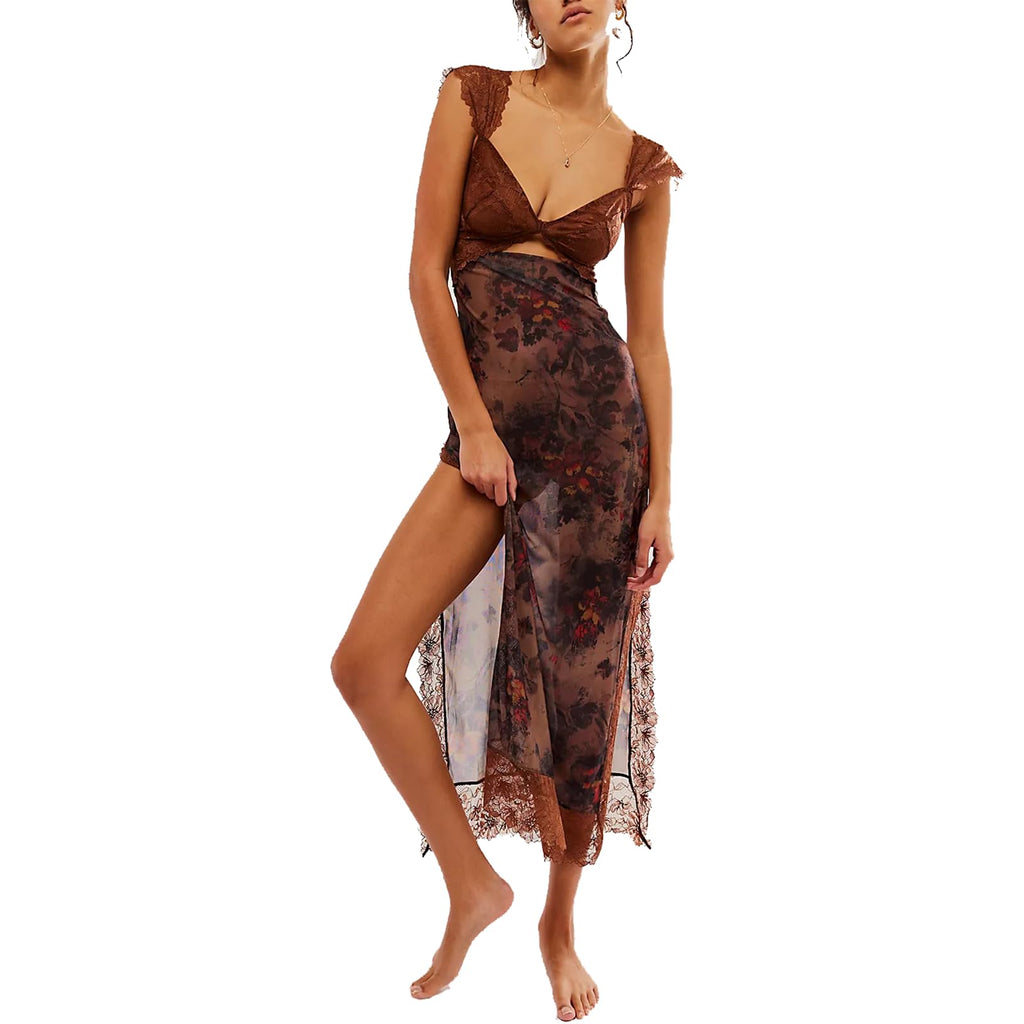 Women Sleeveless Maxi Dress Backless Bodycon Floral Printed Spaghetti Strap Long Dress Sheer Mesh Summer One-Piece