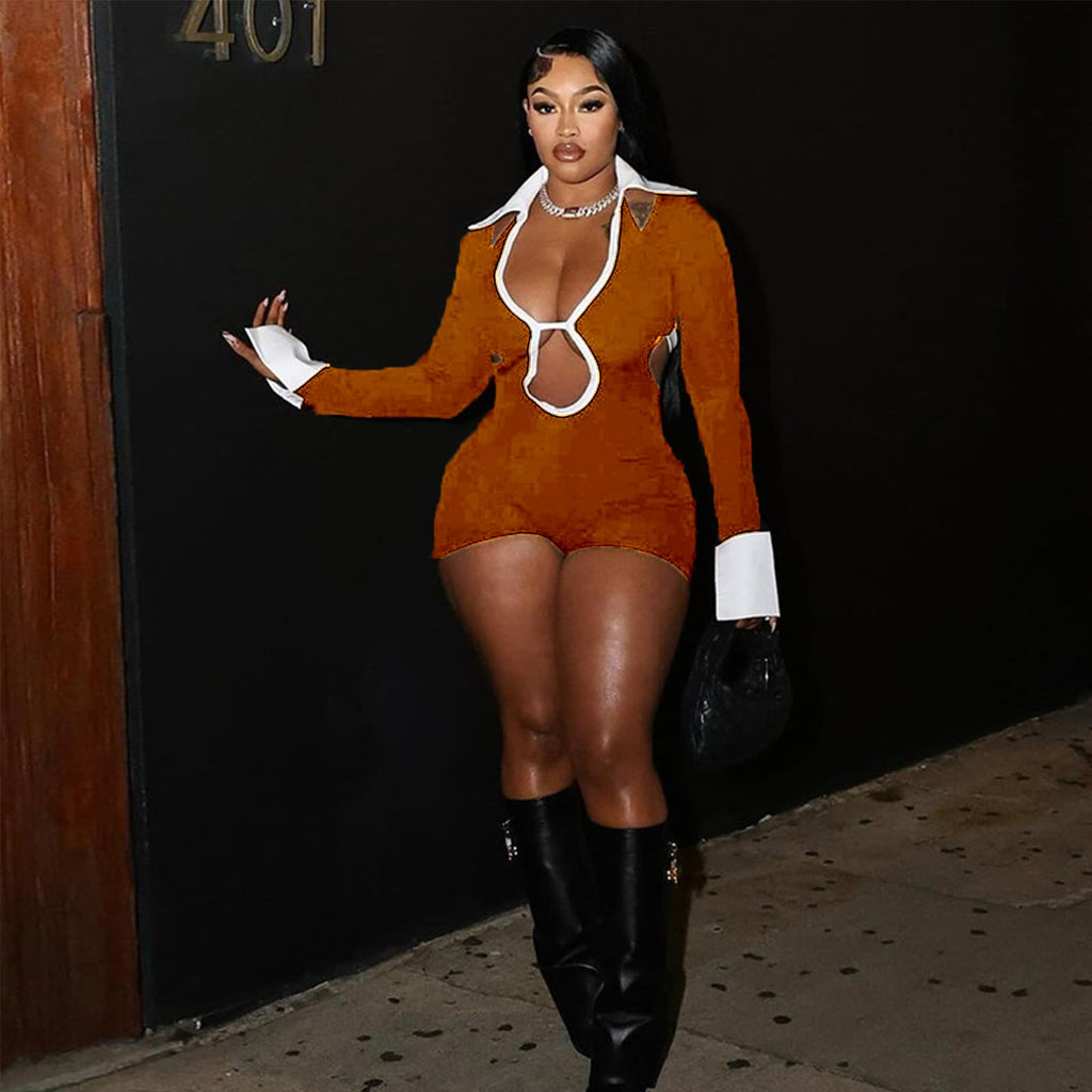 Women's Sexy Deep V Hollow Out Shirt Collar Long Sleeve Backless Strap Tight Jumpsuit Shorts