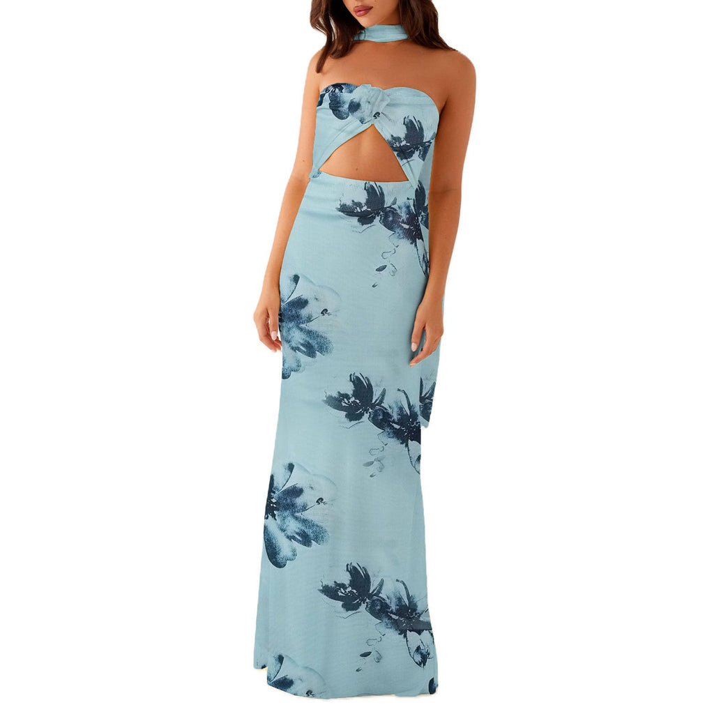 Women's Strapless Neck Scarf Floral Dresses Open Back Bodycon Long Dress Maxi Fitted Sundress