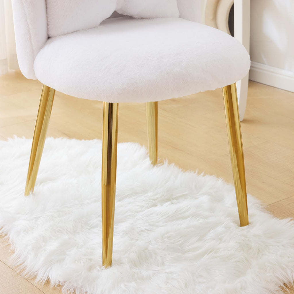 Cute, non-wheeled desk chair with backrest, fluffy cushion, cozy makeup chair with adjustable golden legs