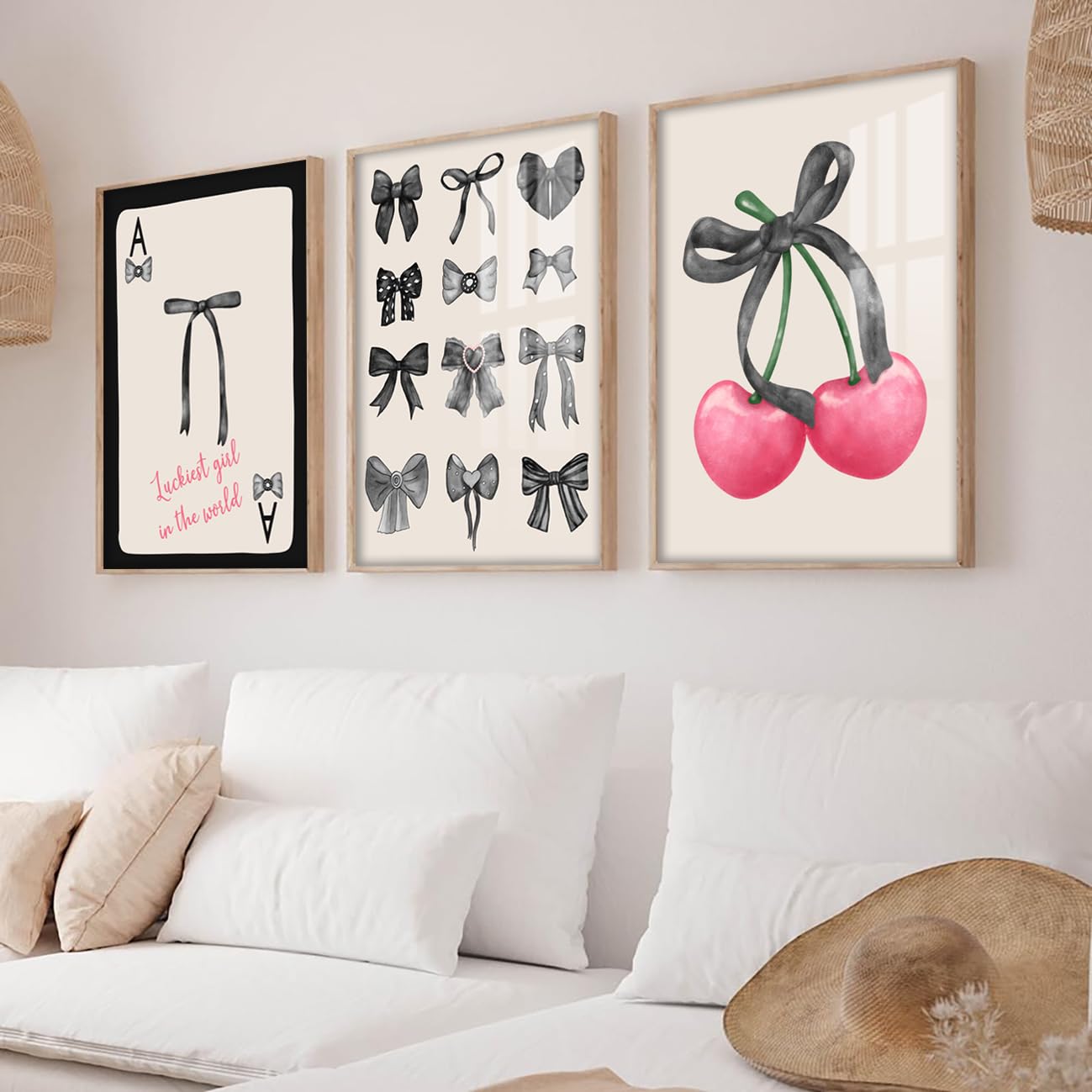 Pink Coquette Trendy Preppy Bow Wall Art Prints Set of 3 Pink Cherry Poker Wall Decor Posters Black Bows lAesthetic