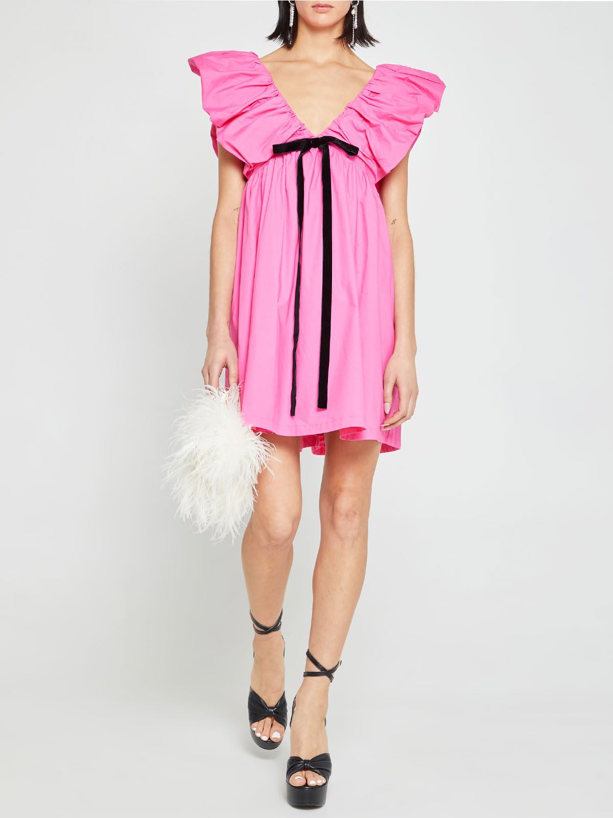 Women's Mini Dress V Neck Puff Sleeve Dress Short Babydoll Bow Dress