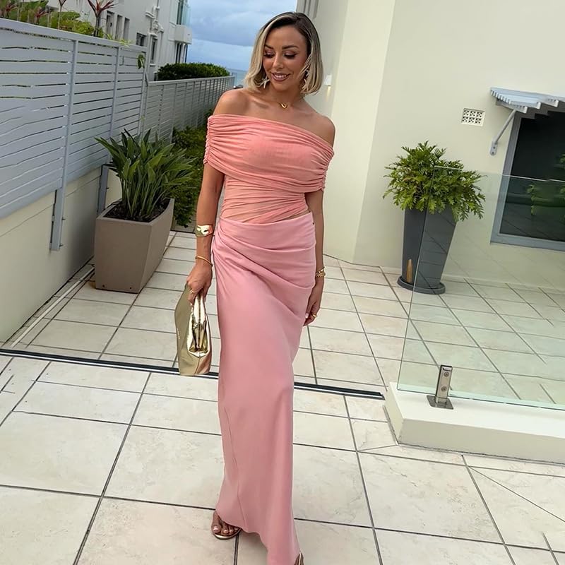 Women Off Shoulder Bodycon Maxi Dress Layered Mesh Ruched Hollow Out Dresses