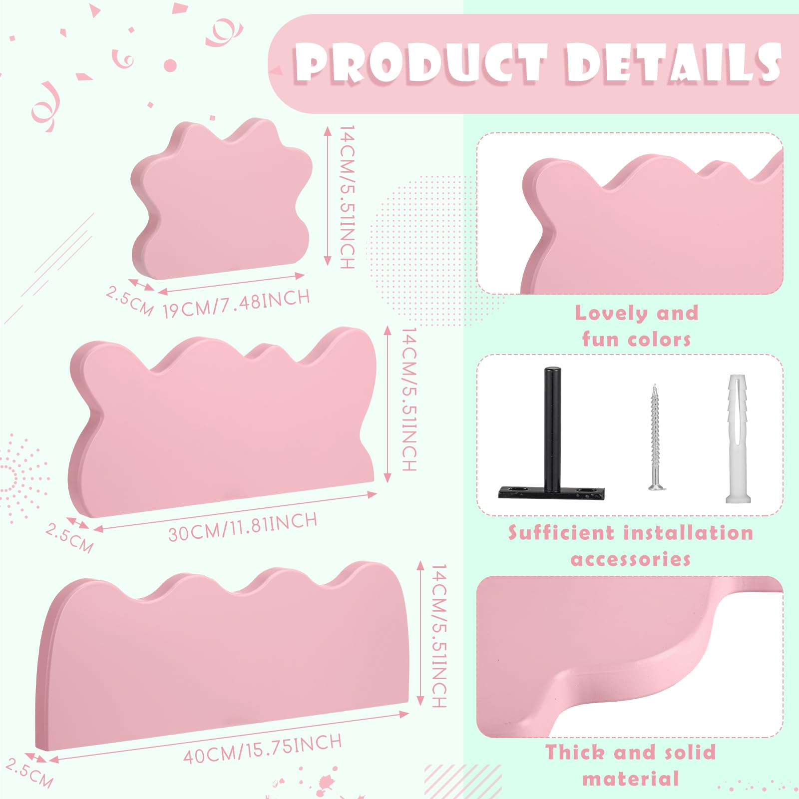 Set of 3 Wavy Cloud Floating Shelves â€?Funky Kawaii Danish Wall Decor for Bedroom & Bathroom (Pink, Green, Purple)