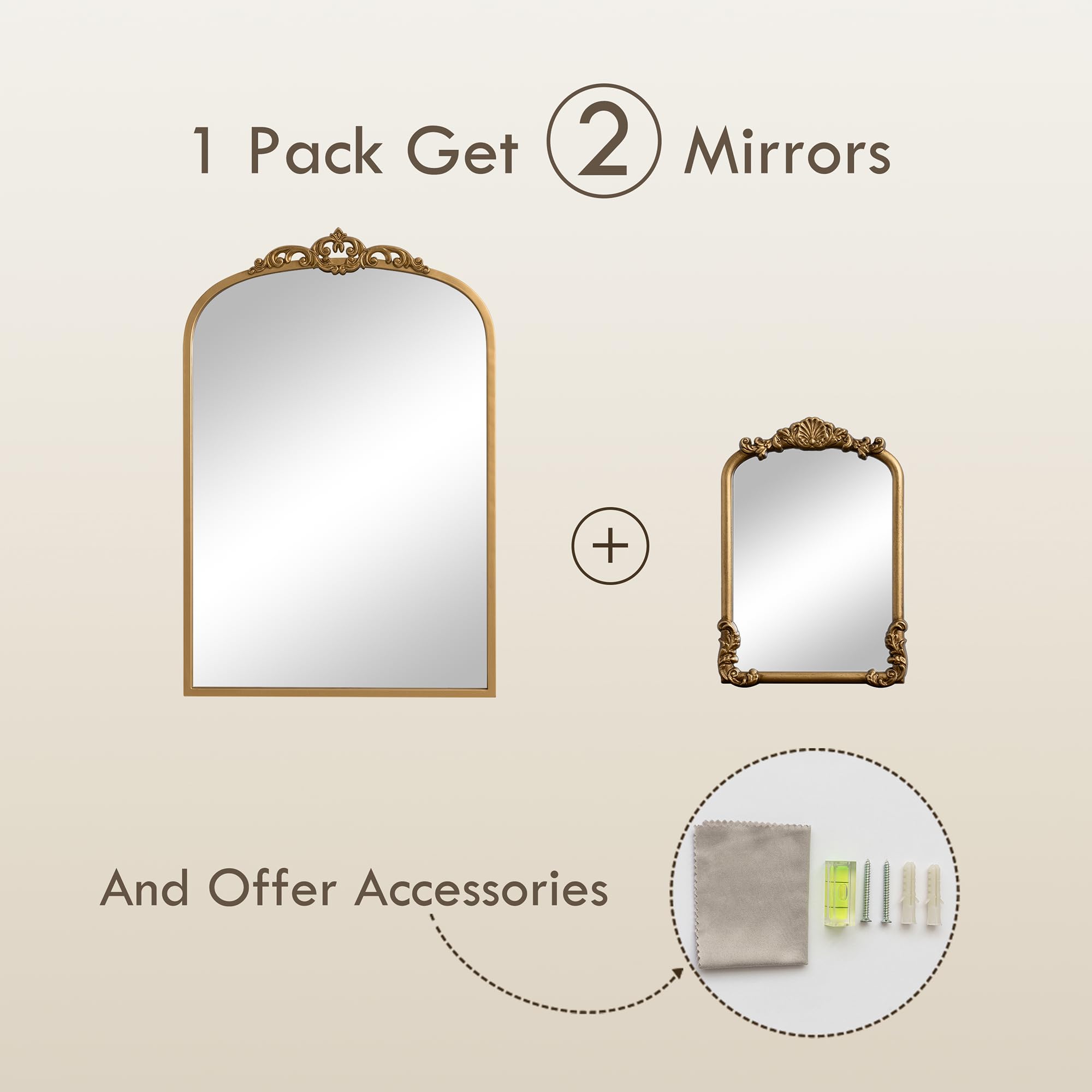 Set Vintage Mirror 36x29 Gold Antique Baroque Arched Ornate Traditional Brass Mirror and 8.5x12 Vintage Vanity