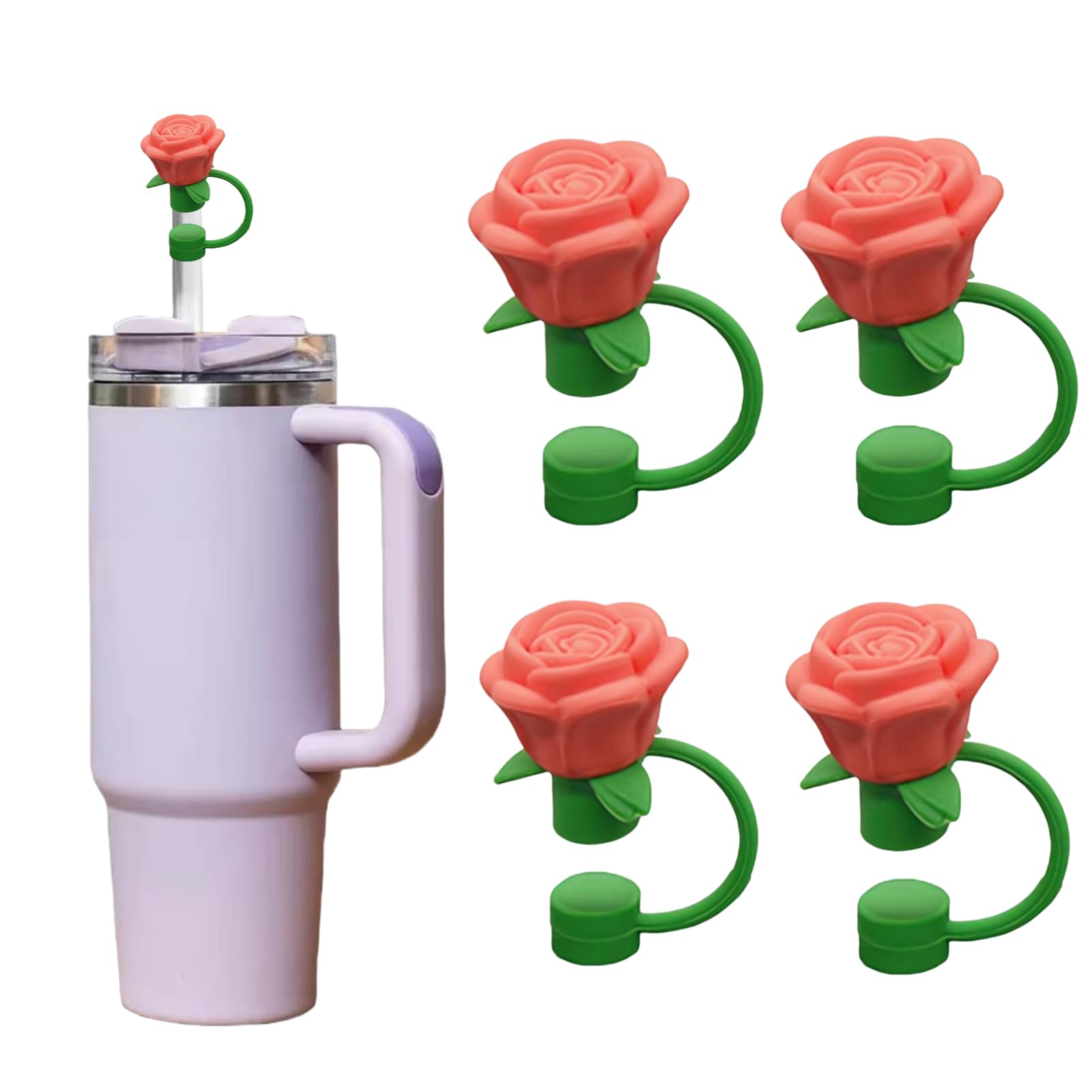 Rose Flower Straw Covers for Stanley Cup, Silicone Cover Dust Proof Plugs Protector 4Pcs 10mm