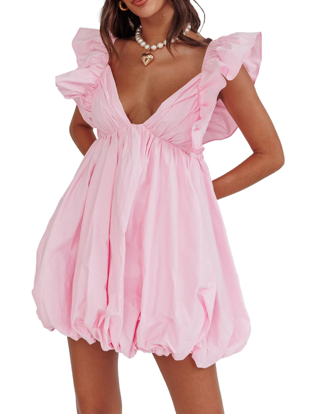 Summer Mini Deep V-Neck Babydoll Dress â€?Backless Lace-Up Sexy Bubble Dress