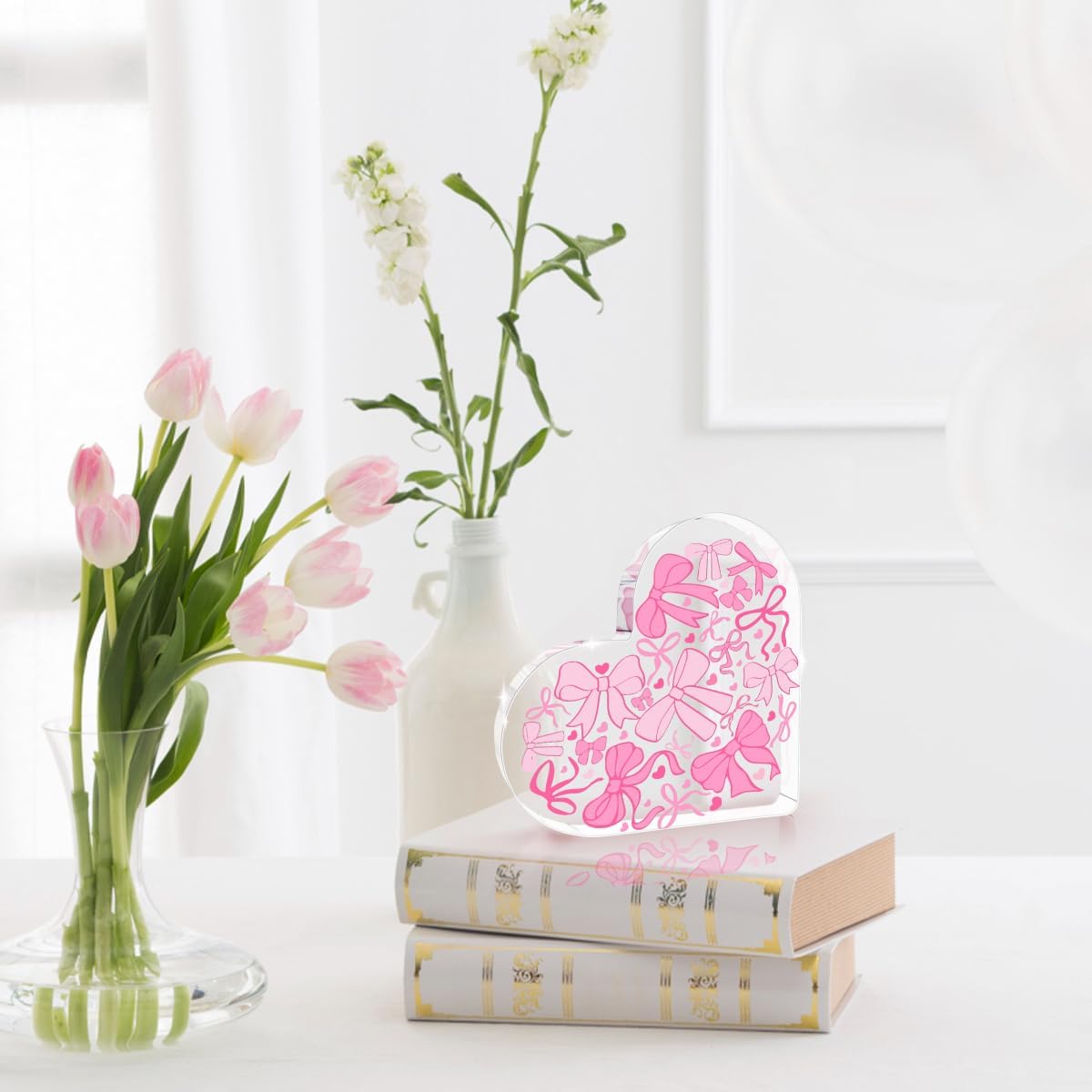 Pink Coquette Heart Bowknot Cute Decorative Faux Acrylic Heart-Shaped Decorative Sign for Home Office Love Theme Tabletop Mount 3.9 * 3.9 * 0.4