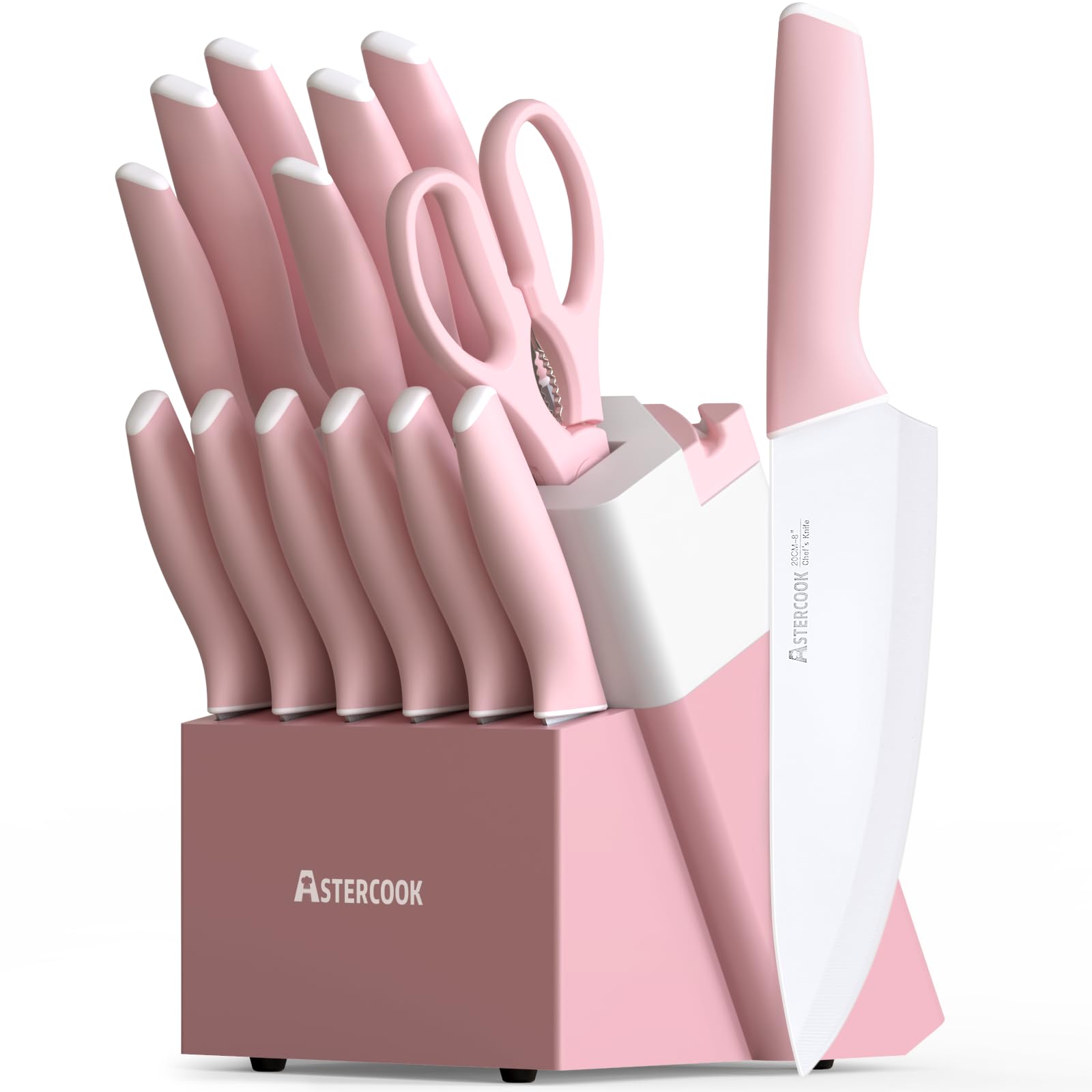 Colorful Kitchen Knives Set with Block and Sharpener Ceramic Coating 15 Pcs German Stainless Steel Knives Sharp Blade Dishwasher Safe Knife Block Set with Ergonomic Handle