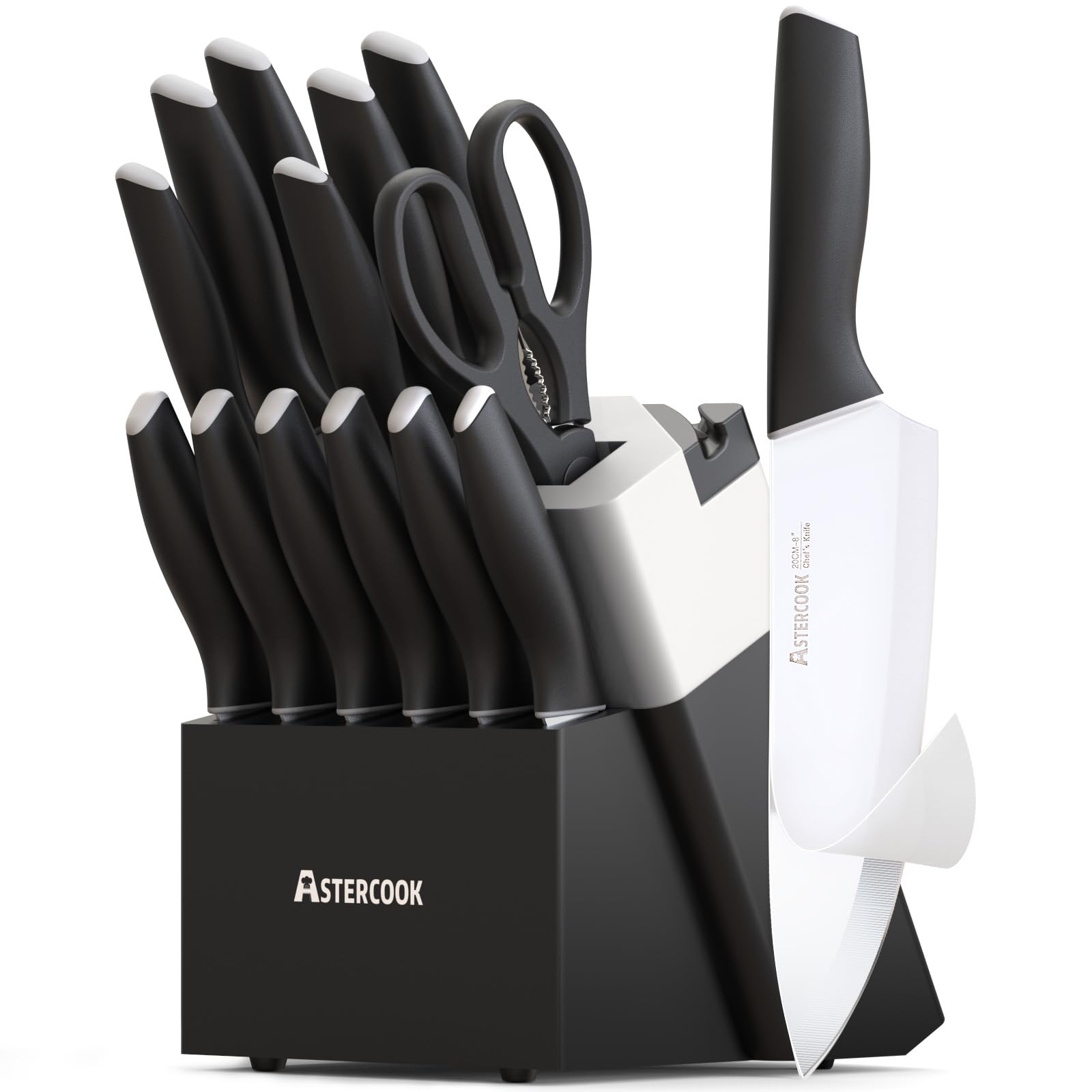 Colorful Kitchen Knives Set with Block and Sharpener Ceramic Coating 15 Pcs German Stainless Steel Knives Sharp Blade Dishwasher Safe Knife Block Set with Ergonomic Handle