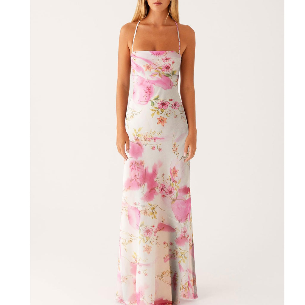 Women Floral Slip Dress Spaghetti Strap Maxi Dress Backless Slim Fit Long Dresses Flowers Print Going Out Dress