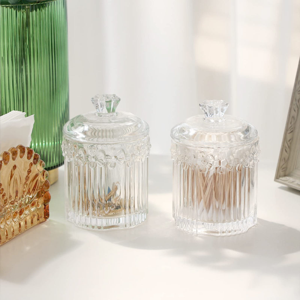 Qtip Holder Glass Apothecary Jars with Lids Set Bathroom Canisters Dispenser Organizers and Storage for Cotton Swabs, Balls, Pads, Floss Picks, Candy 2 Pack