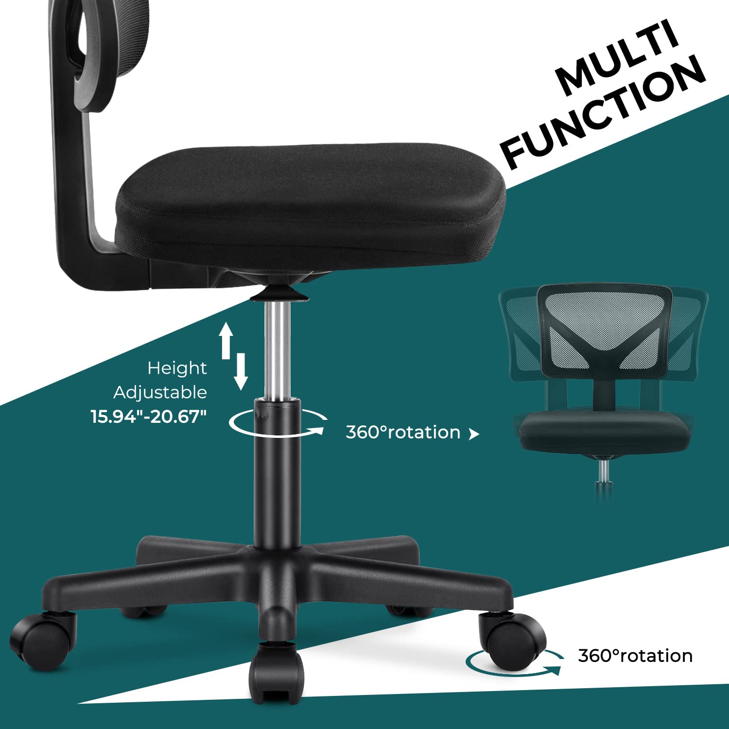Vanity Swivel Armless Desk Chairs with Wheels, Ergonomic Adjustable Home Office Rolling Task Chair, Comfy Mesh Mid Back