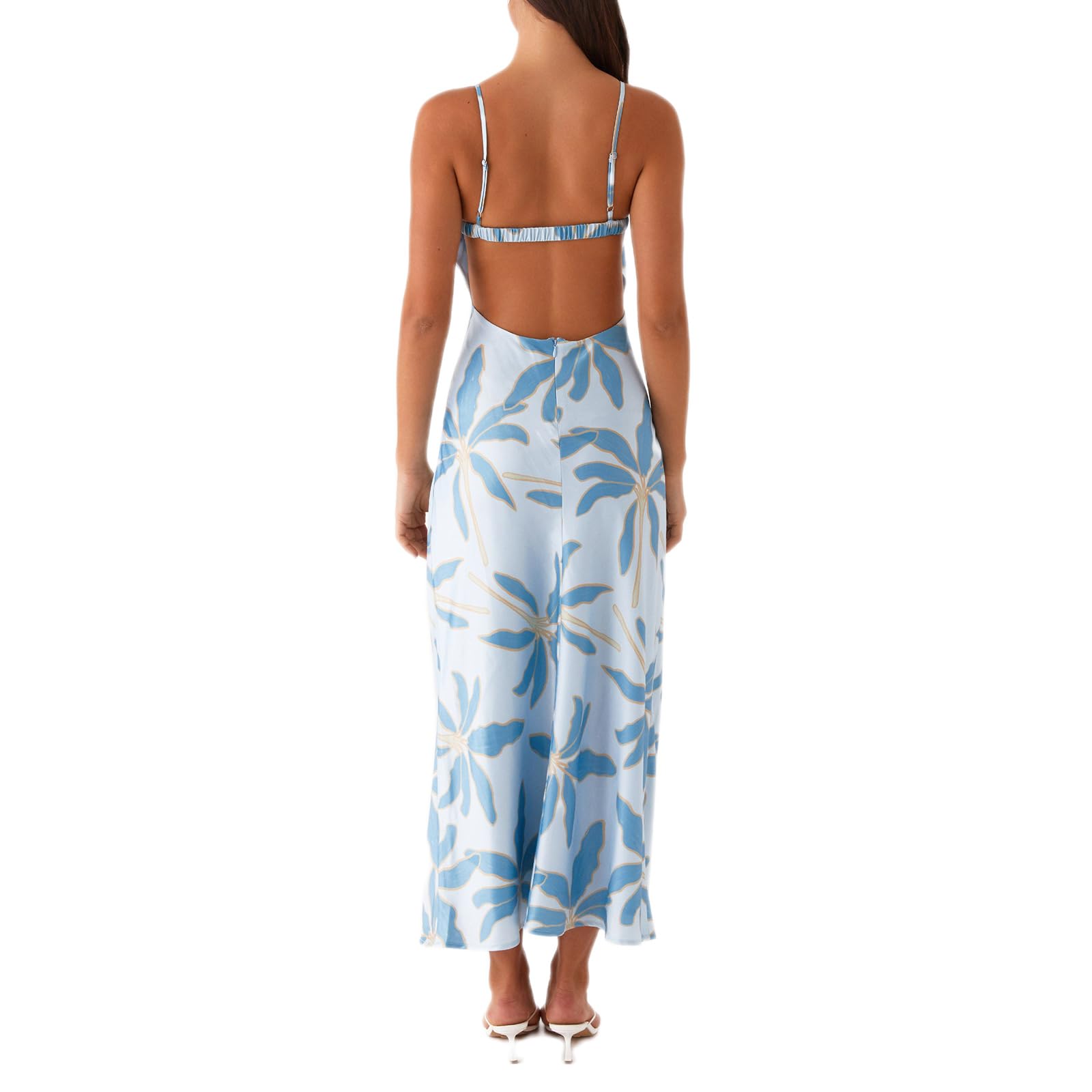 Women Floral Slip Dress Spaghetti Strap Maxi Dress Backless Slim Fit Long Dresses Flowers Print Going Out Dress