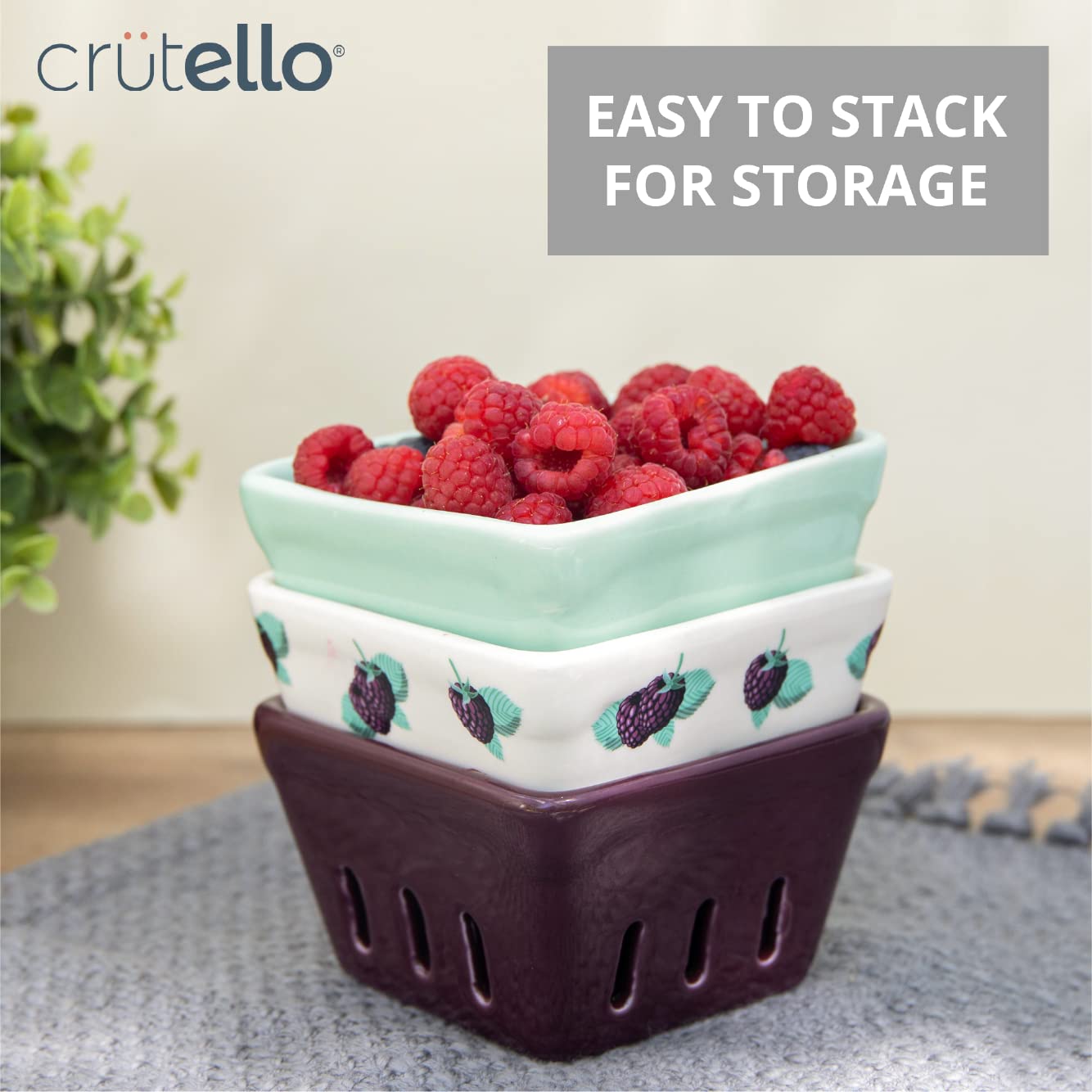 Ceramic Berry Basket, Standard Capacity, Fruit & Vegetables Set of 4 Berry Bowls, 2 Patterned, 2 Solid