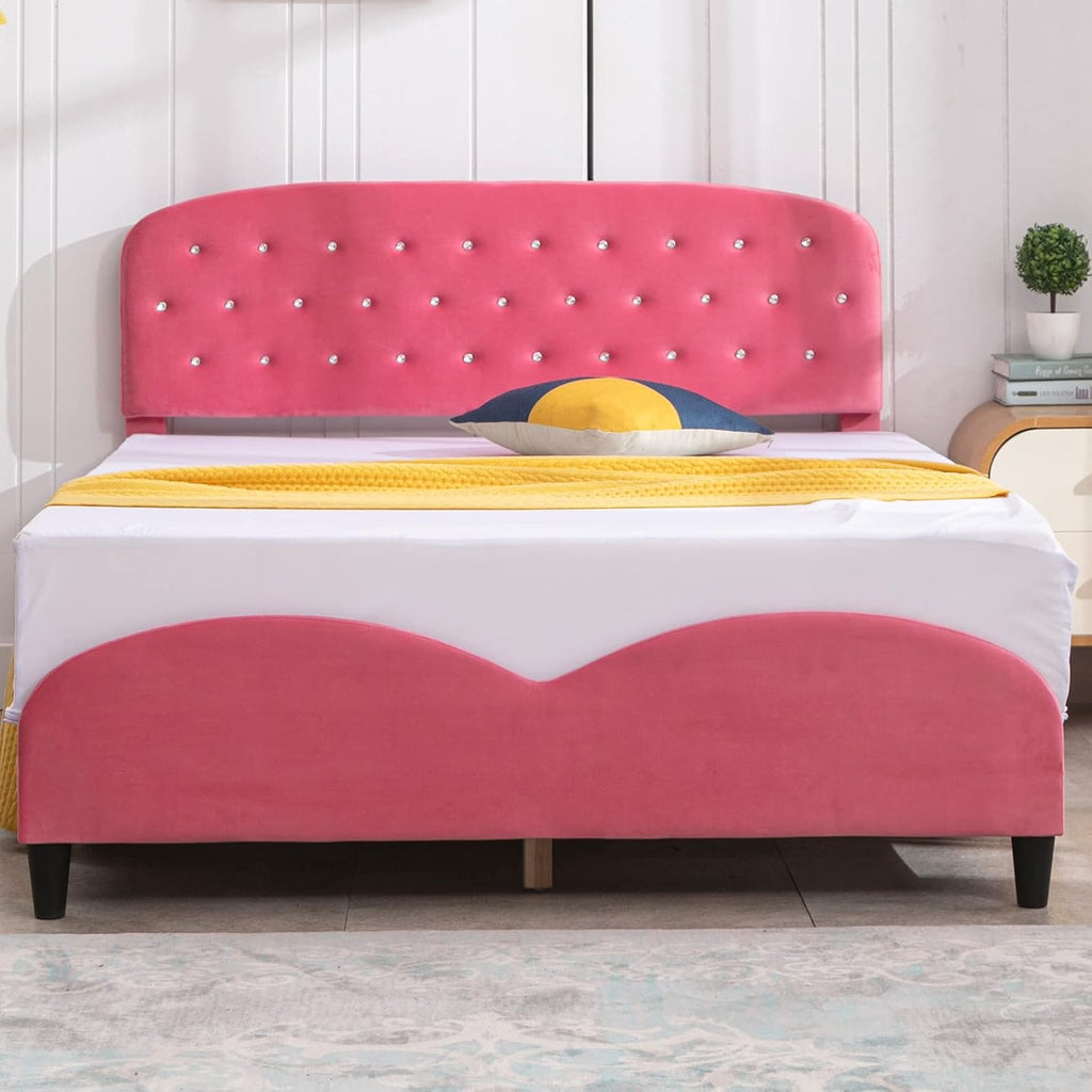 Full Size Bed Frame With Headboard, Velvet Upholstered Platform Bed With Slatted Bed Base, No Box Spring Ned, Pink Press