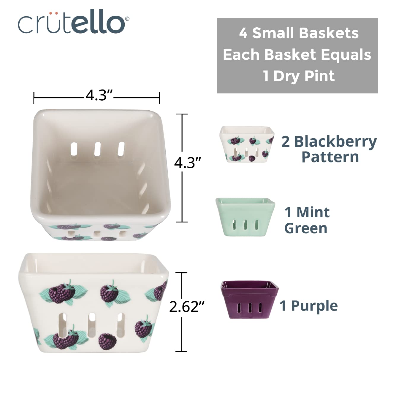 Ceramic Berry Basket, Standard Capacity, Fruit & Vegetables Set of 4 Berry Bowls, 2 Patterned, 2 Solid