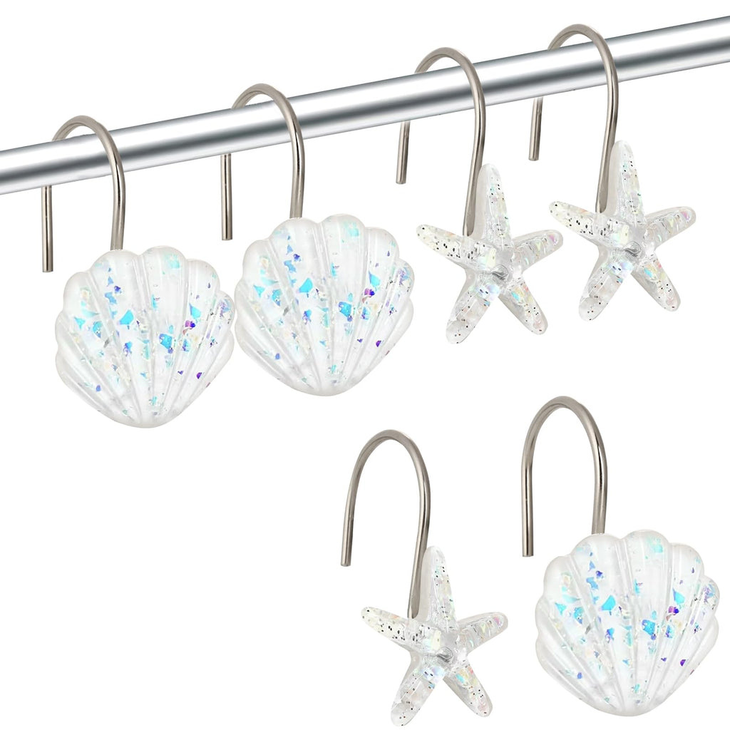 Seashell Shower Curtain Hooks, 12PCS Stainless Steel Anti Rust Starfish and Seashell Decorative Shower Hooks Ocean Theme Shower Curtain Hooks for Home Bathroom