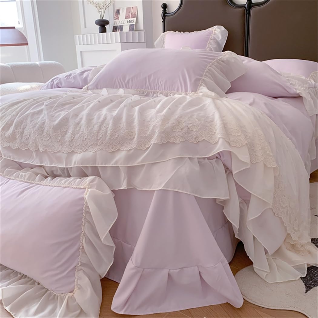 Lace Duvet Cover - Chiffon Ruffled Beddding Set with Flower, 3 Pieces Comforter Cover Set with Zipper Closure and Pillowcase